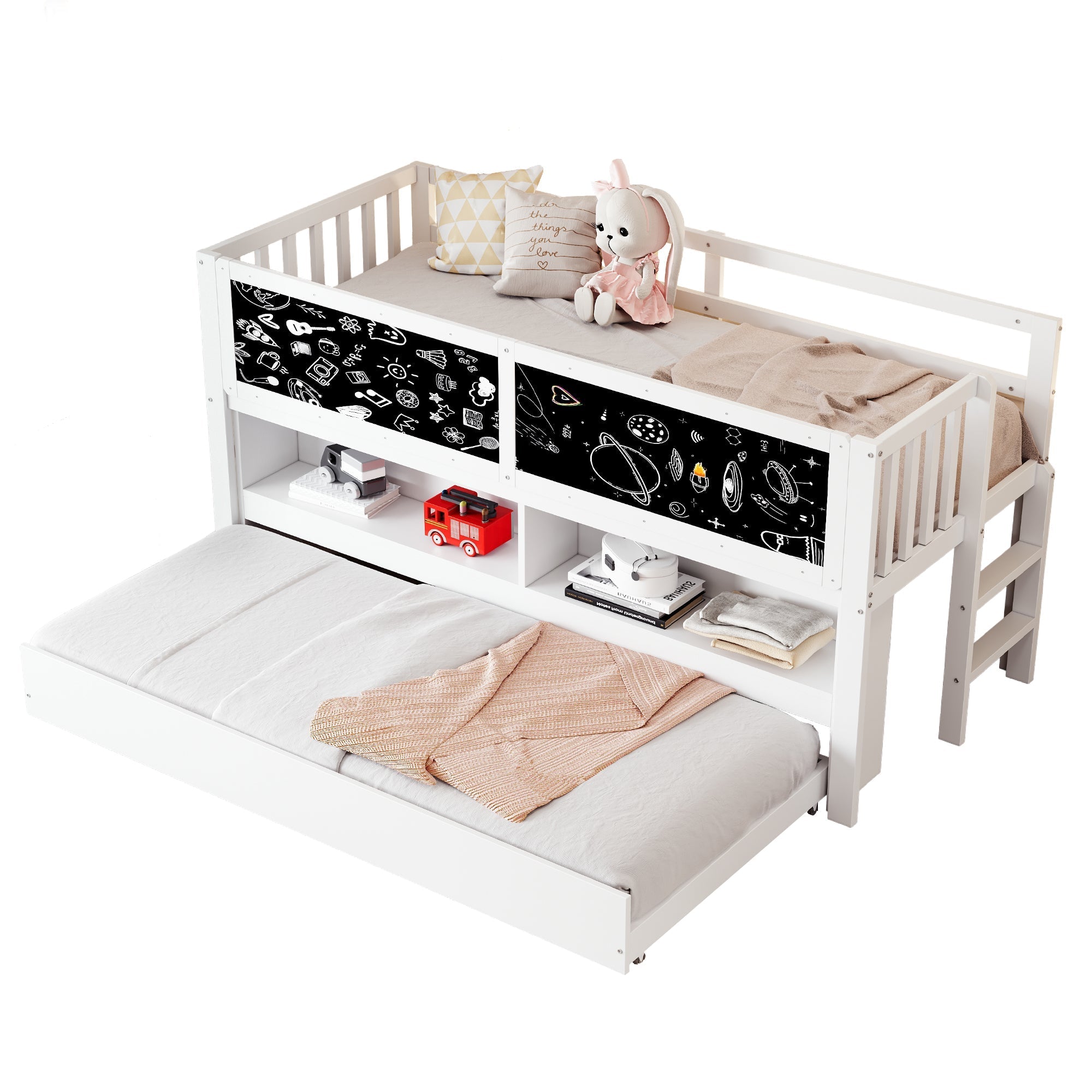 Children's House Bed 90x200 Extendable Chalkboard Storage Climbing Ladder - Solid Wood White