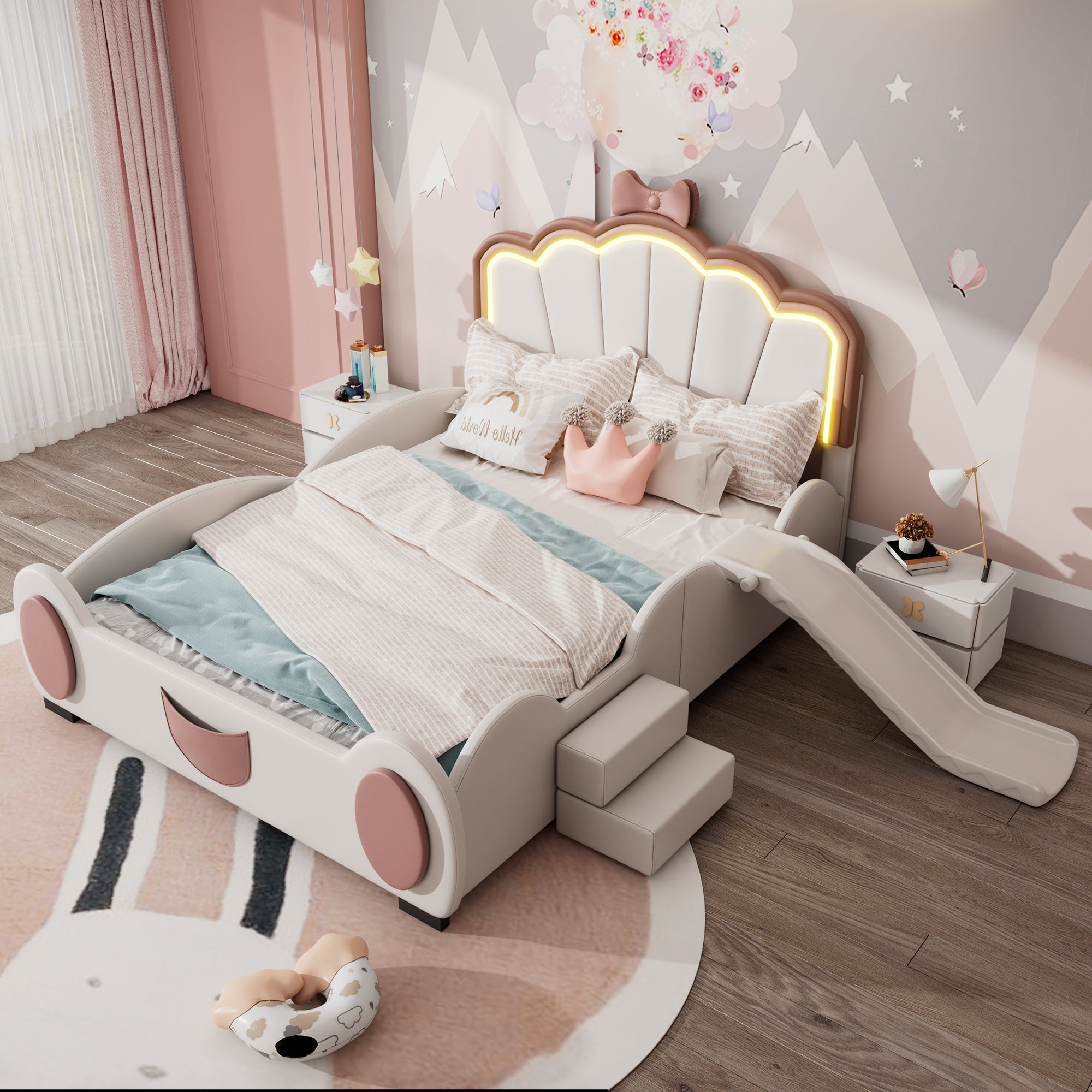 Cartoon Butterfly Bed 140x200cm LED Light Slide Ladder - Pink/White PU
