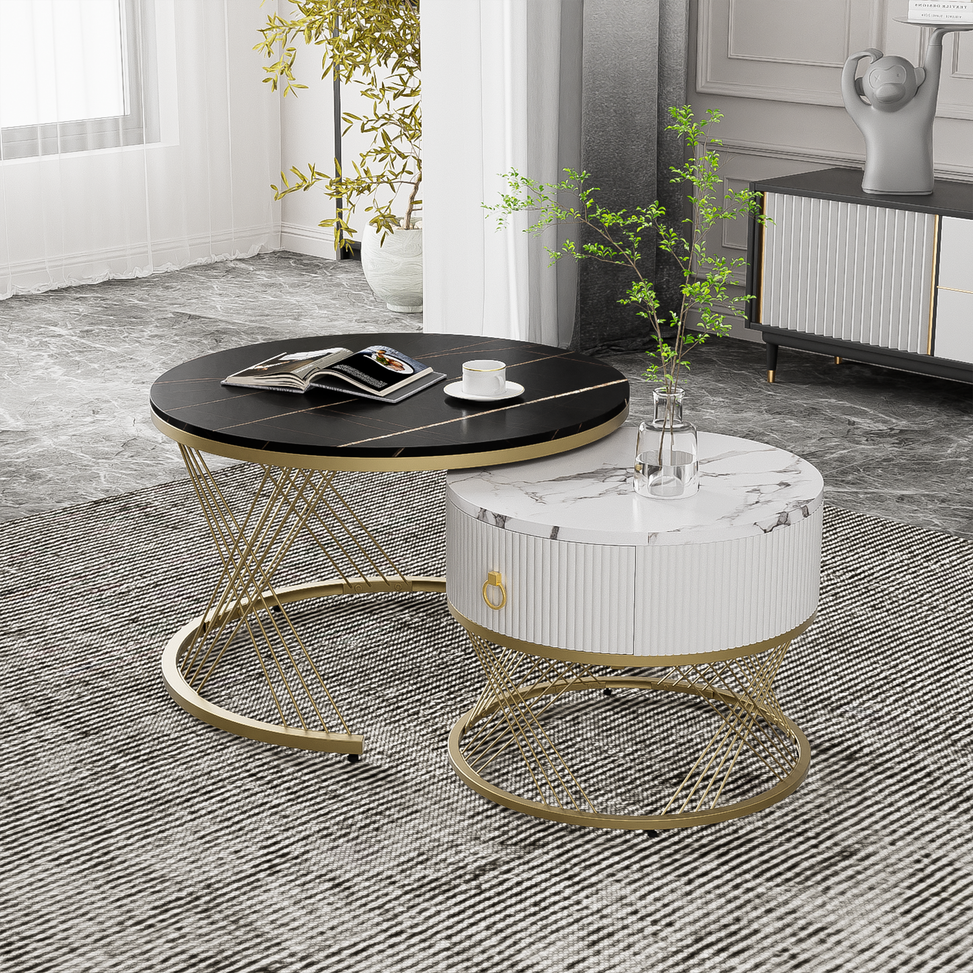 Modular Coffee Table Set of 2, Drawers Marble Look, Gold Decor