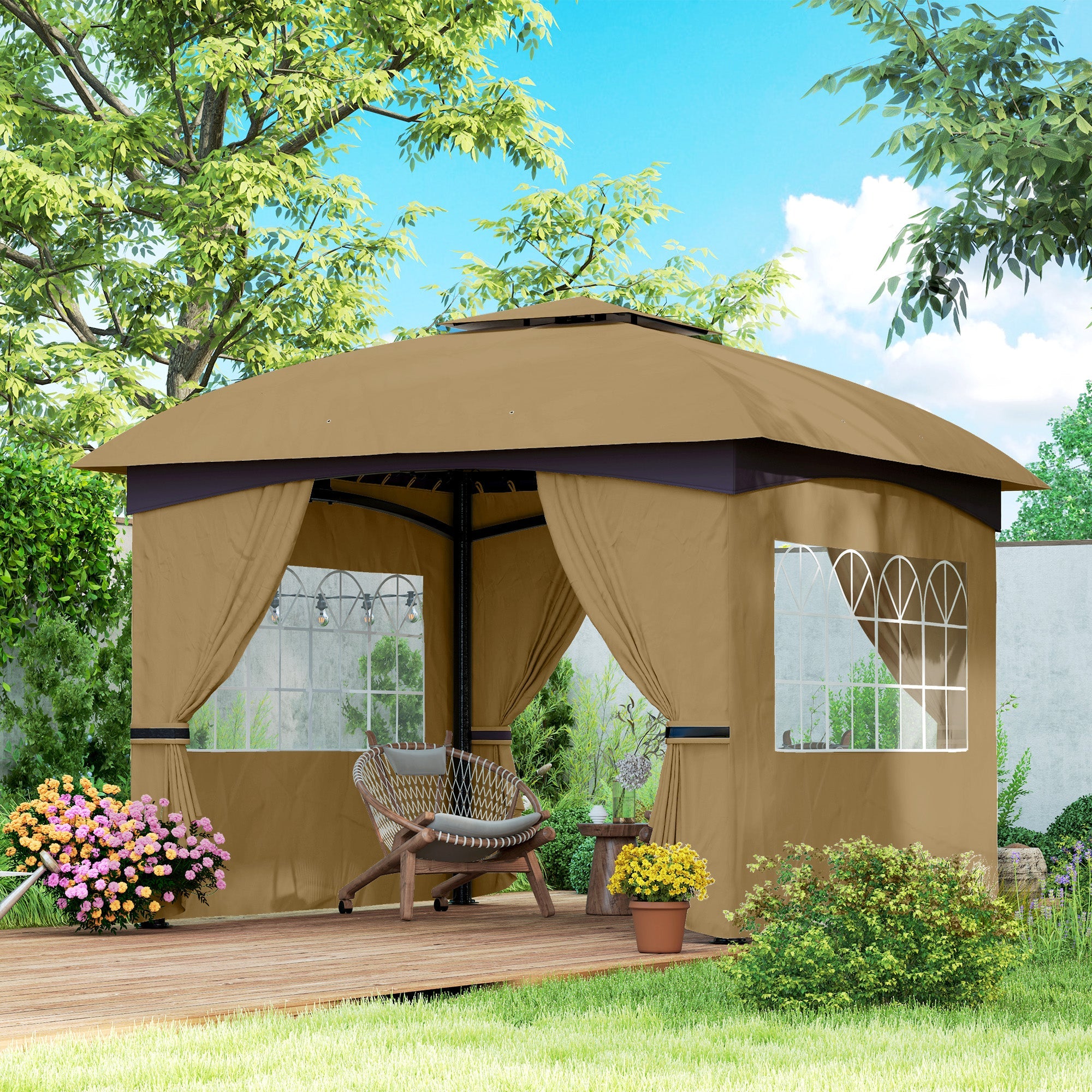 Gazebo 3.4x3.4m Water-Repellent UV Protection, Beige Metal