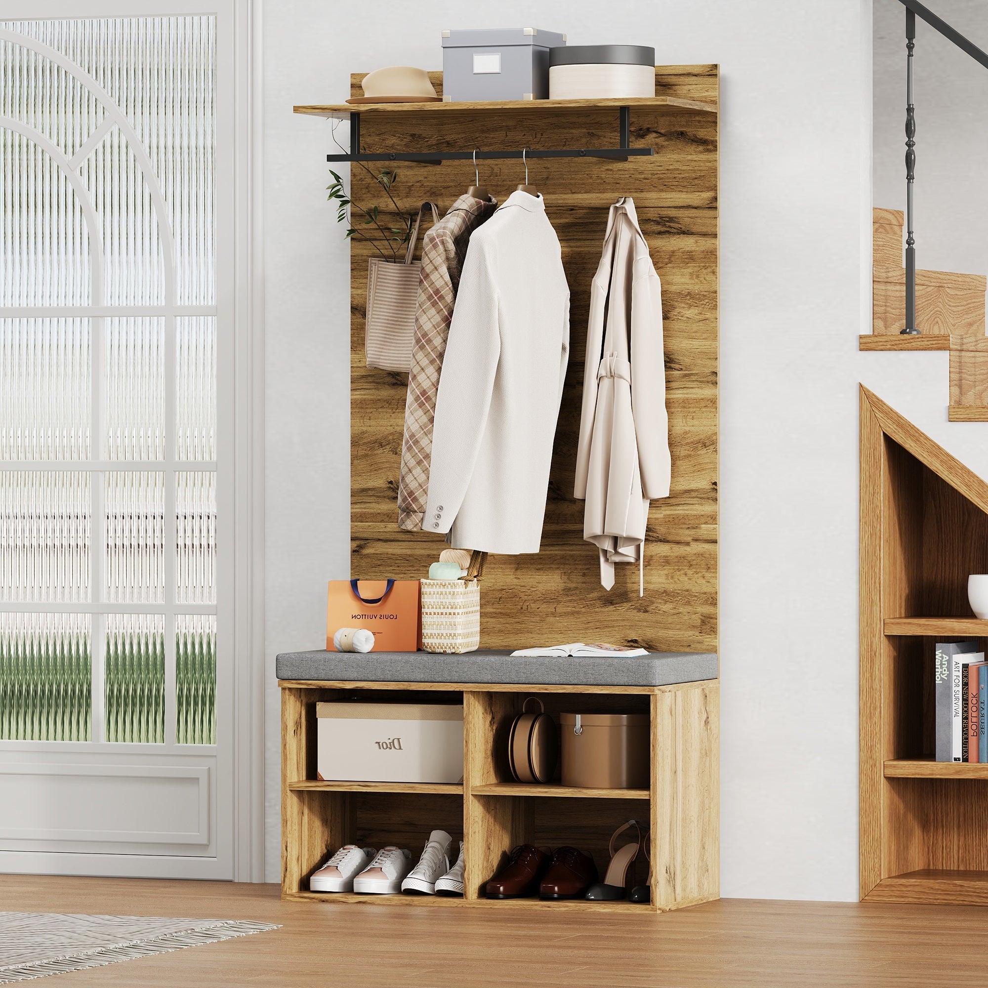 Wardrobe Set with Shoe Bench, Adjustable Shelf & Clothes Rail, 175cm High, Wood Look