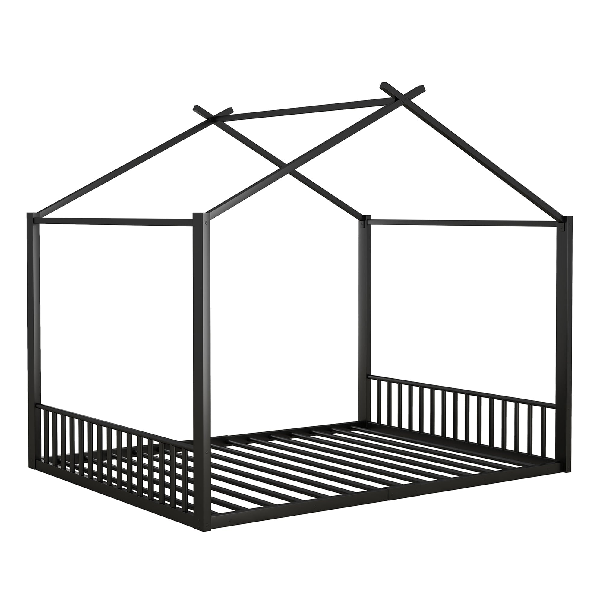 Children's Flat Bed 140x200cm House Rail Iron Frame Black