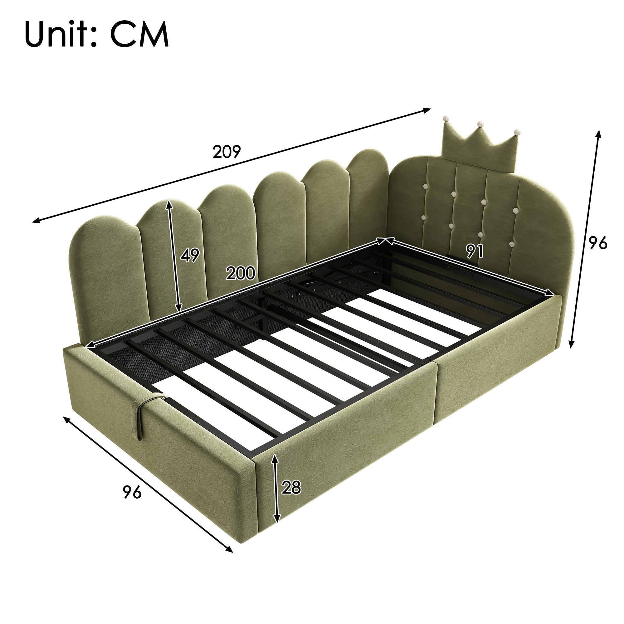 Upholstered Daybed with Hydraulic Storage and L-Shaped Crown-Lattice Design, 90x200cm, Green Velvet