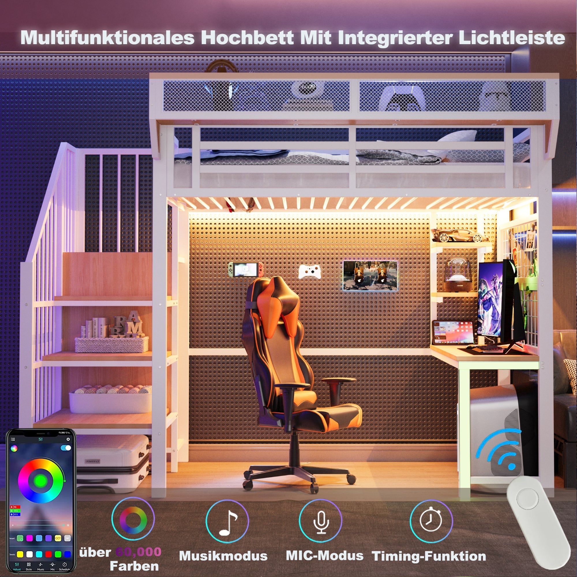 Metal Loft Bed with Desk, Shelf, LED and Socket, 90x200cm, White Metal