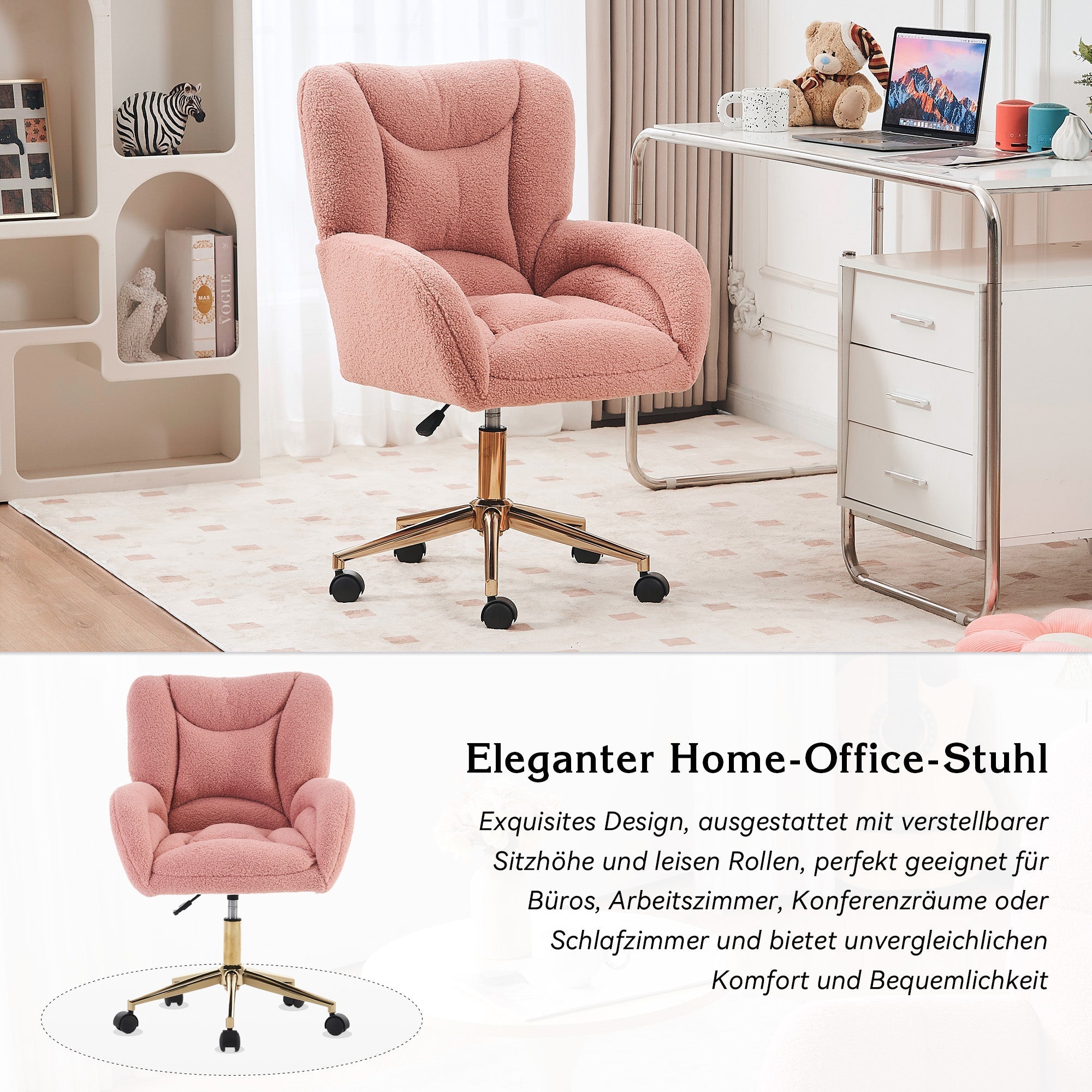 Swivel Chair Height-Adjustable Teddy Fabric Gold Legs - Pink