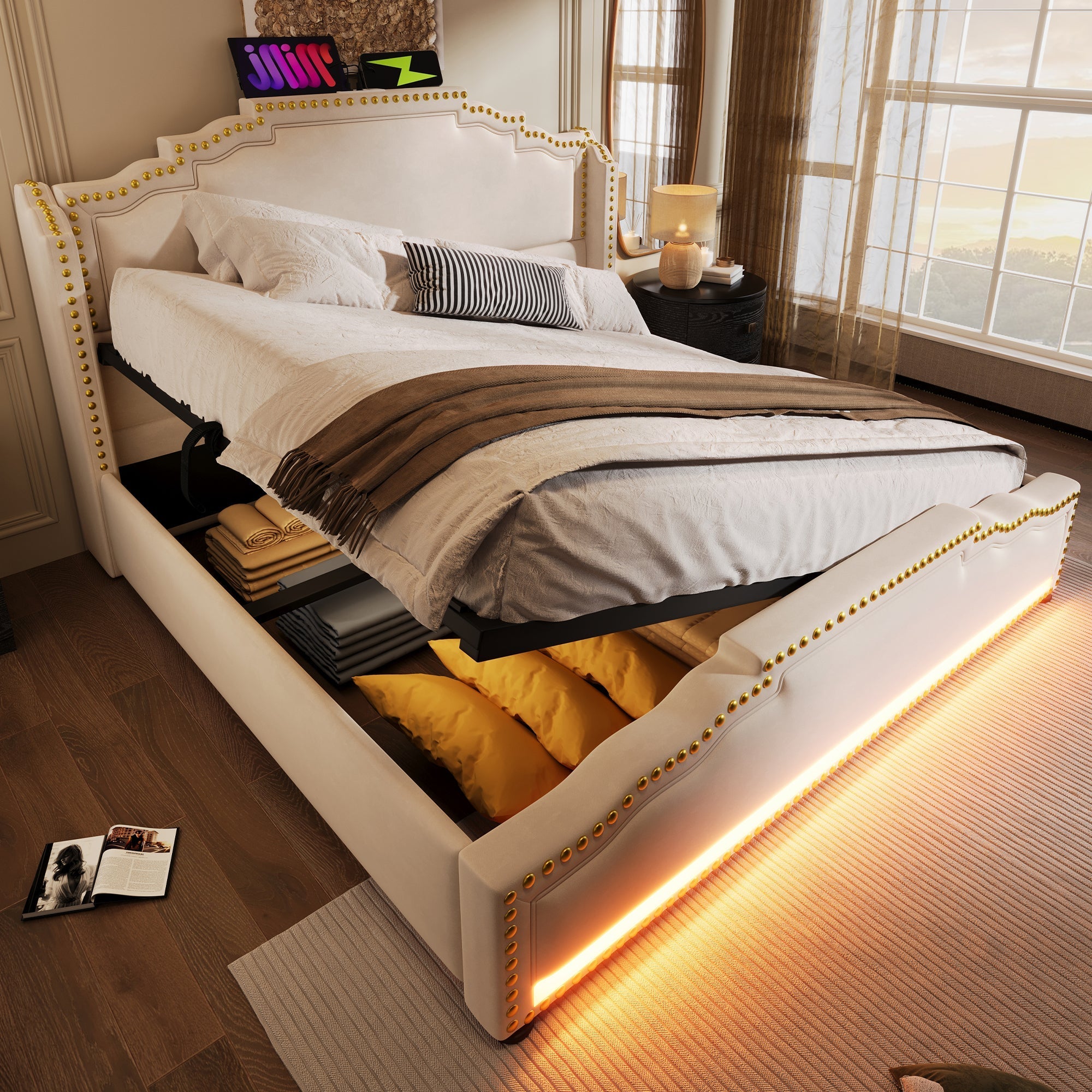 Upholstered Bed 160x200, Hydraulic Storage, LED, USB-C, Velvet Beige