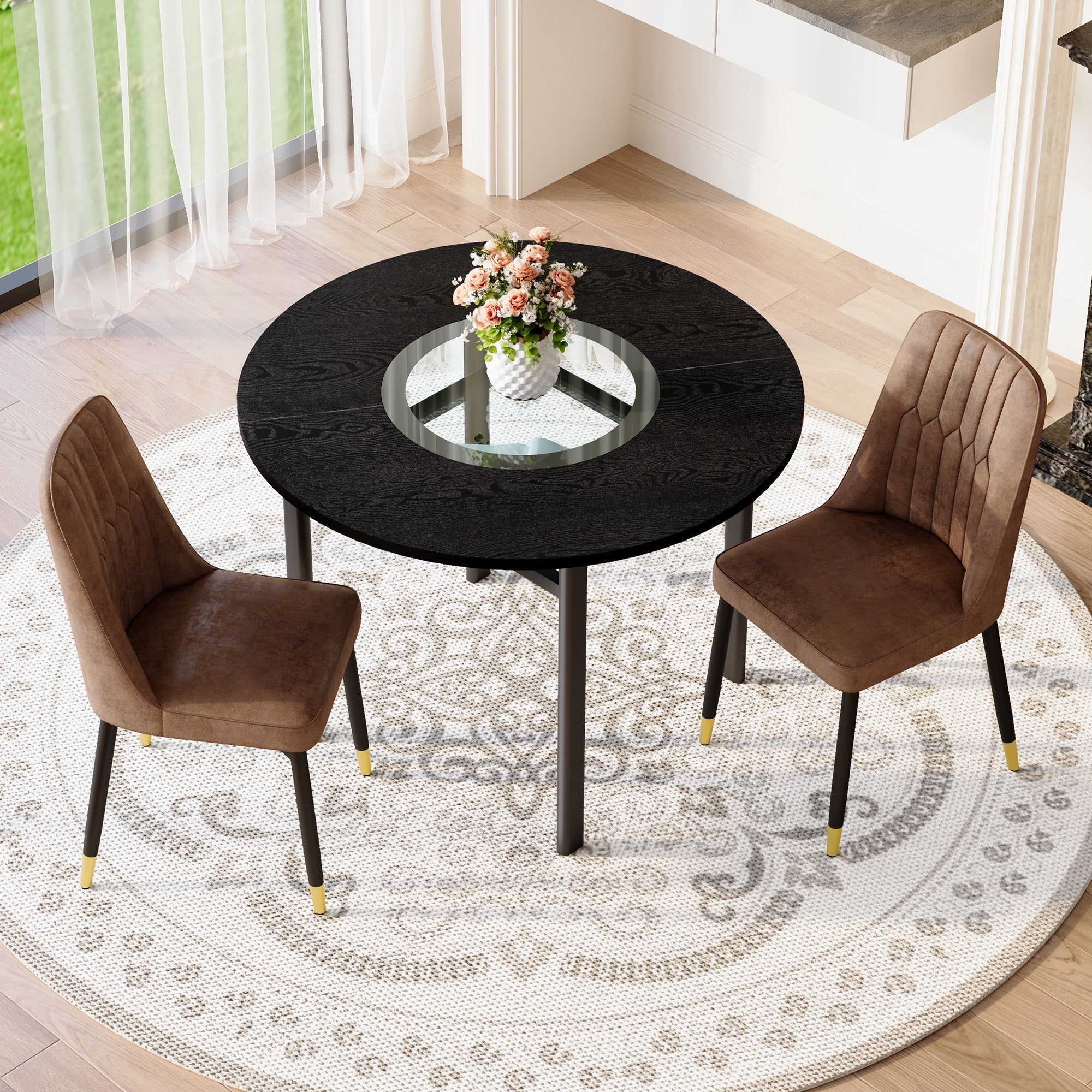 Round Table Set 100cm Minimalist 2 Armchairs Tech Fabric - Brown/Black