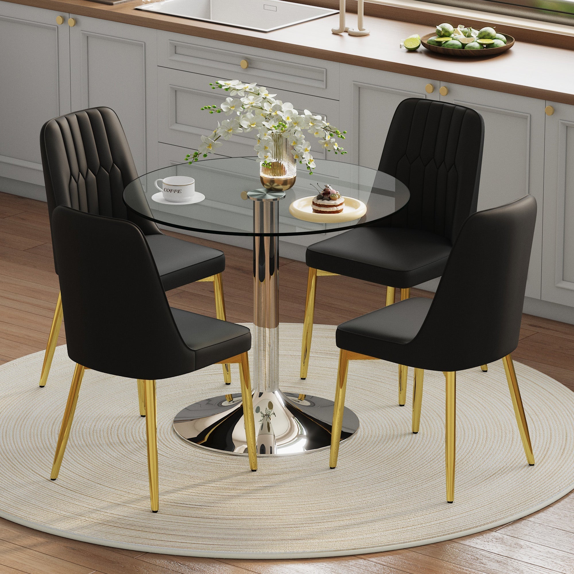 Dining Set 85cm Round Glass Table 4 Black PU Chairs Gold Legs