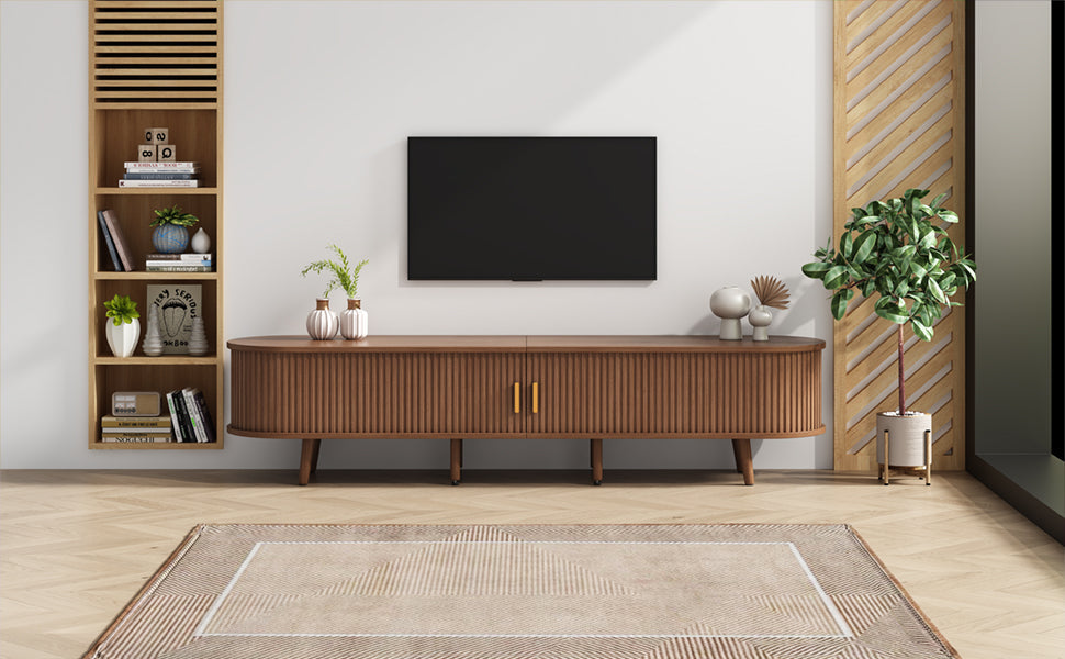 TV Stand with Drawers and Sliding Doors, Oval Cabinet for 70 Inch TV, Dark Oak MDF