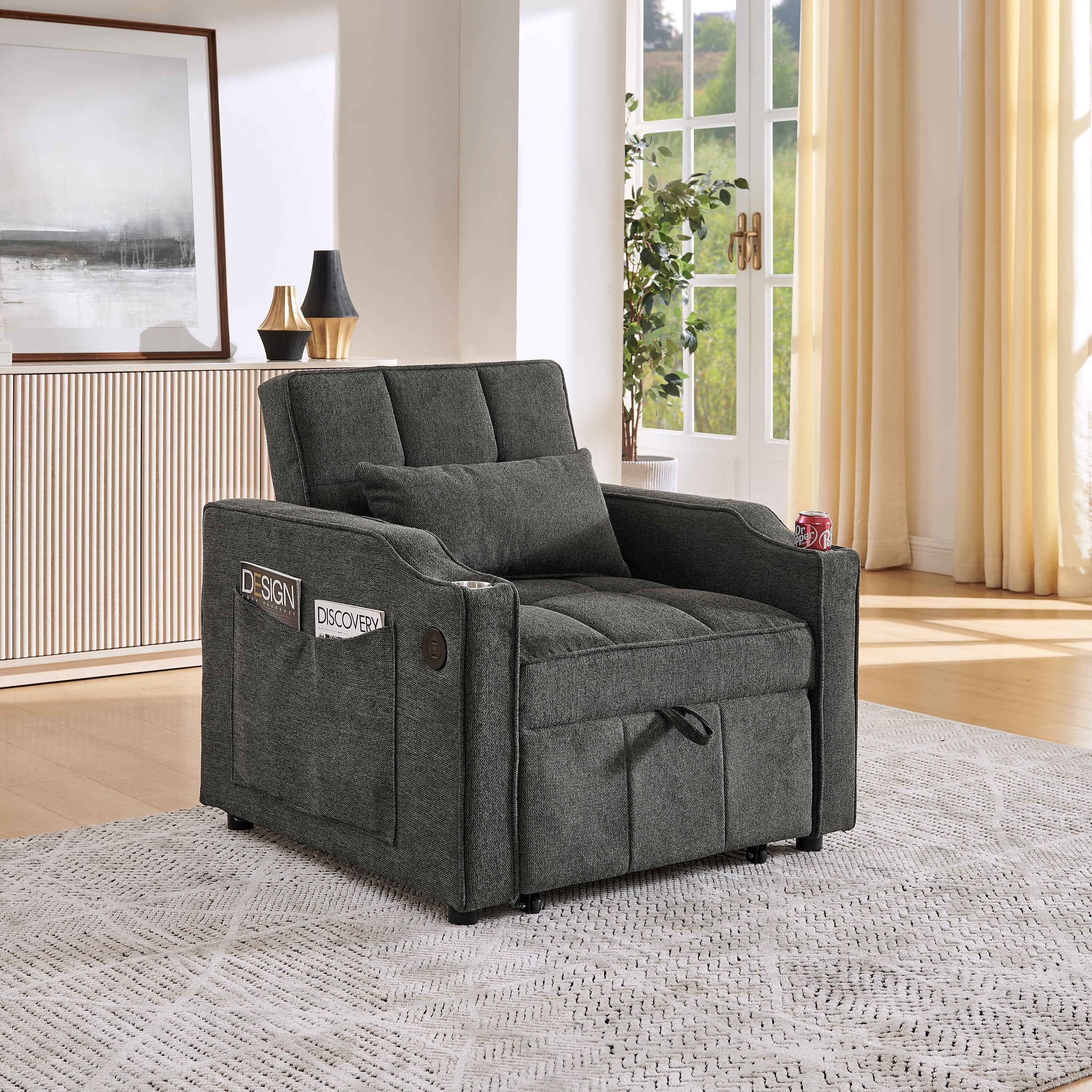 3-in-1 Sofa Bed Slide-to-Transform USB Charging - Gray