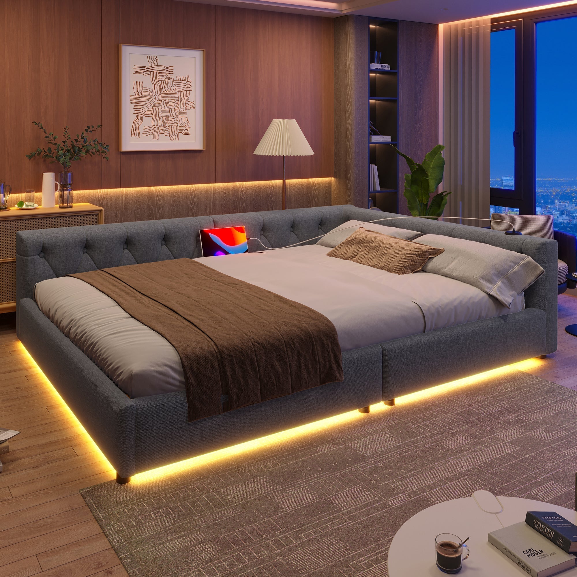 Daybed Sofa Bed 140x200cm LED USB/Type-C Button Tufted - Linen Grey