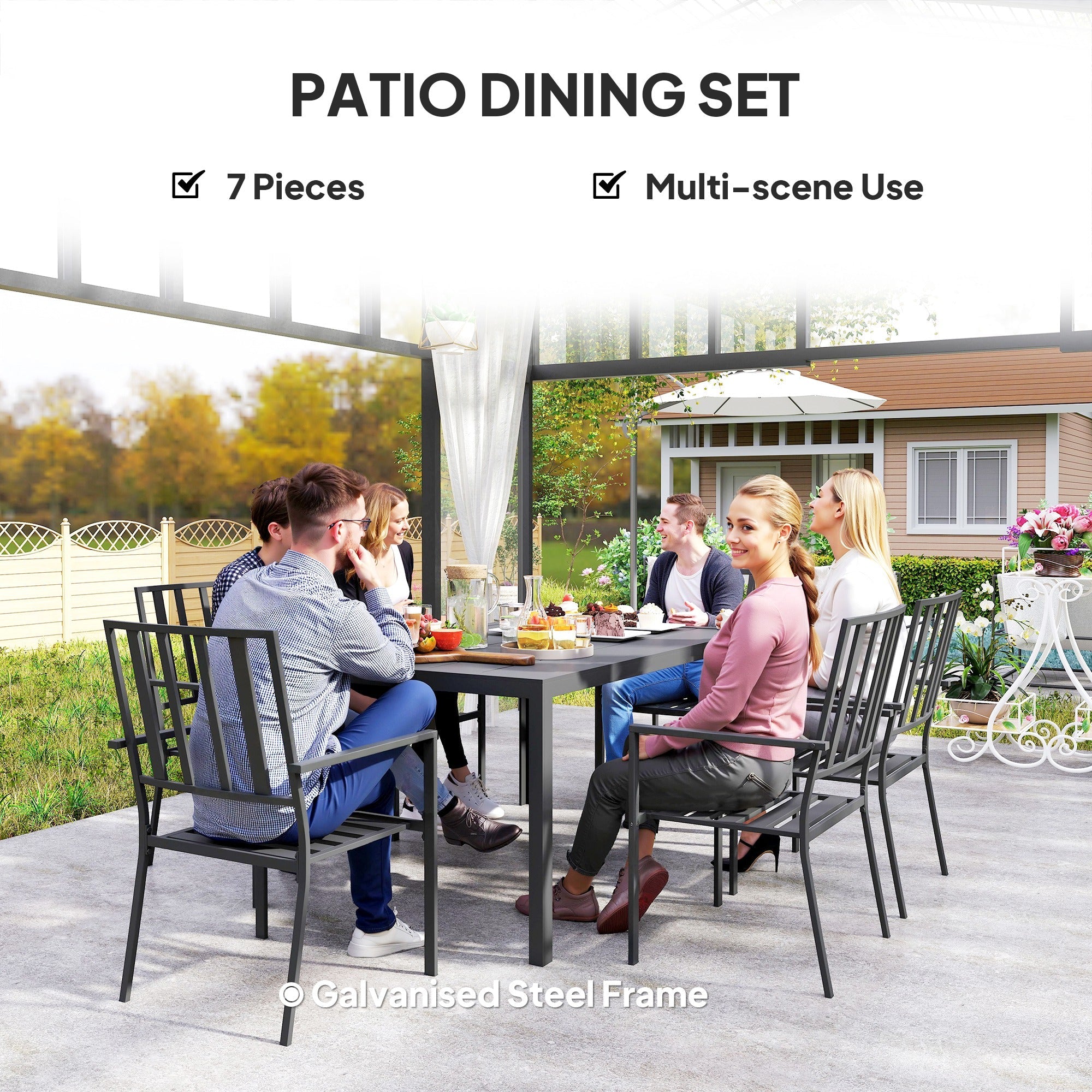 Seven-Piece Garden Dining Set with Parasol Hole - Minimal Metal, Black