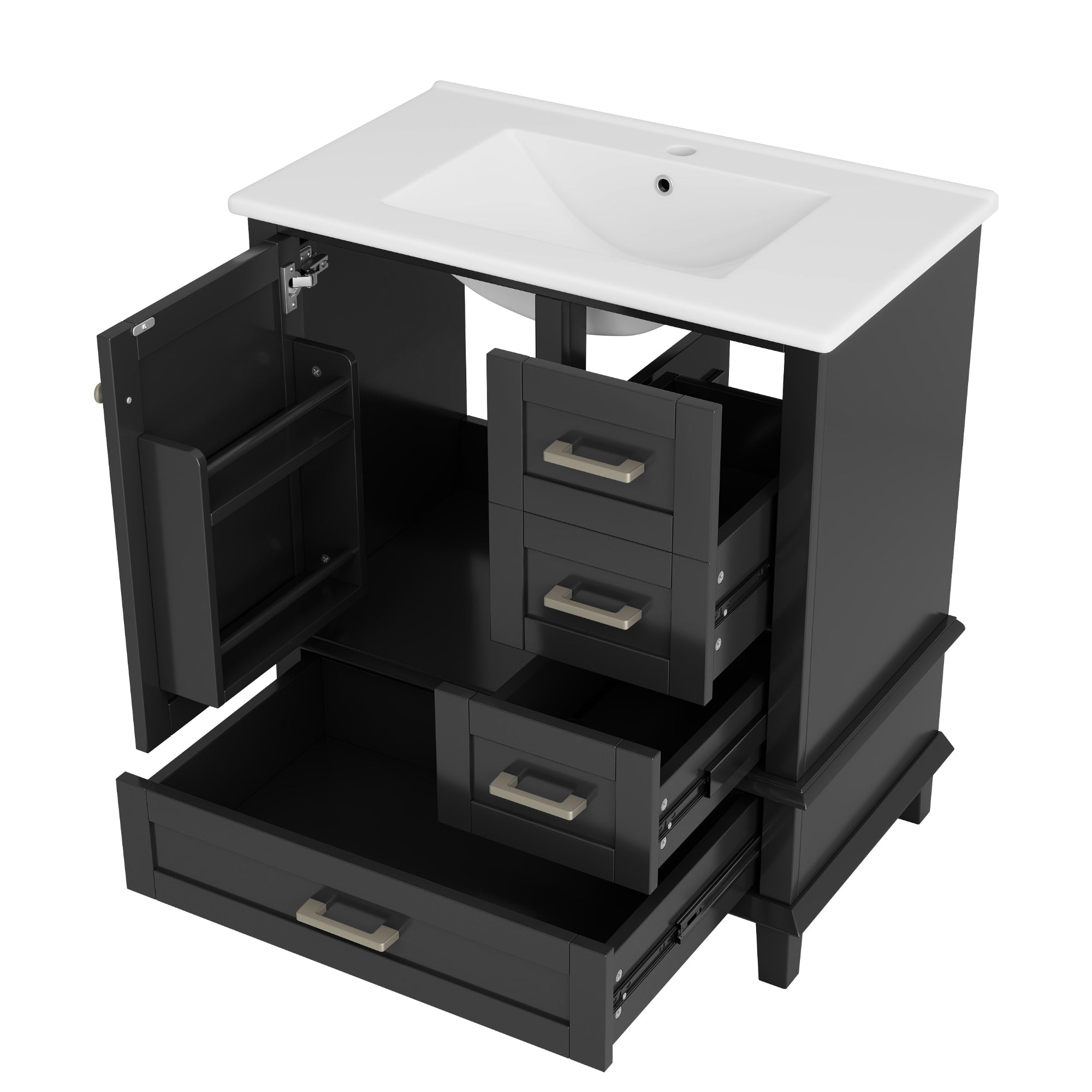 Bathroom Cabinet with Ceramic Sink and Silent Drawers, Black