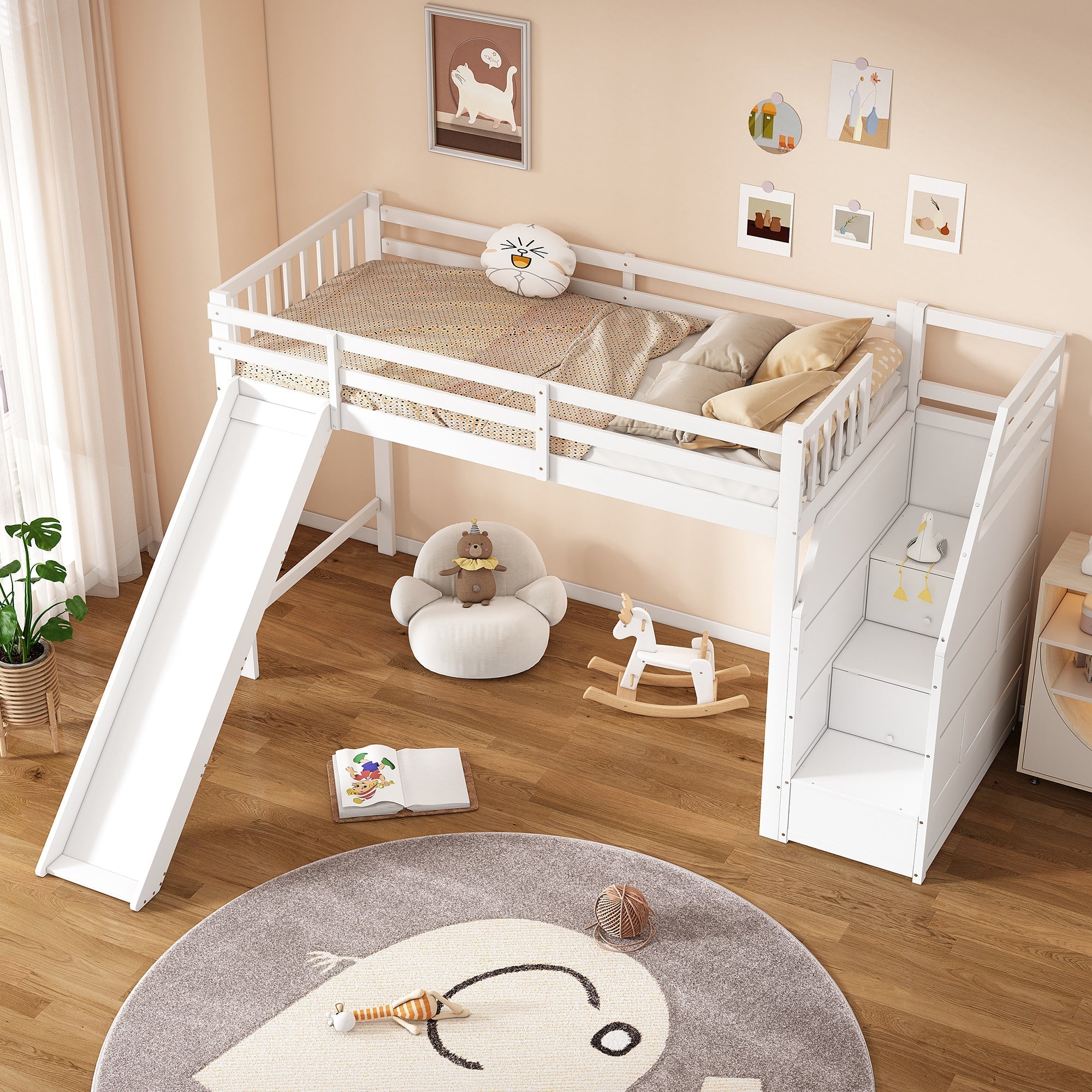 Bunk Bed 90x200cm Slide Removable Railing Storage Ladder - White