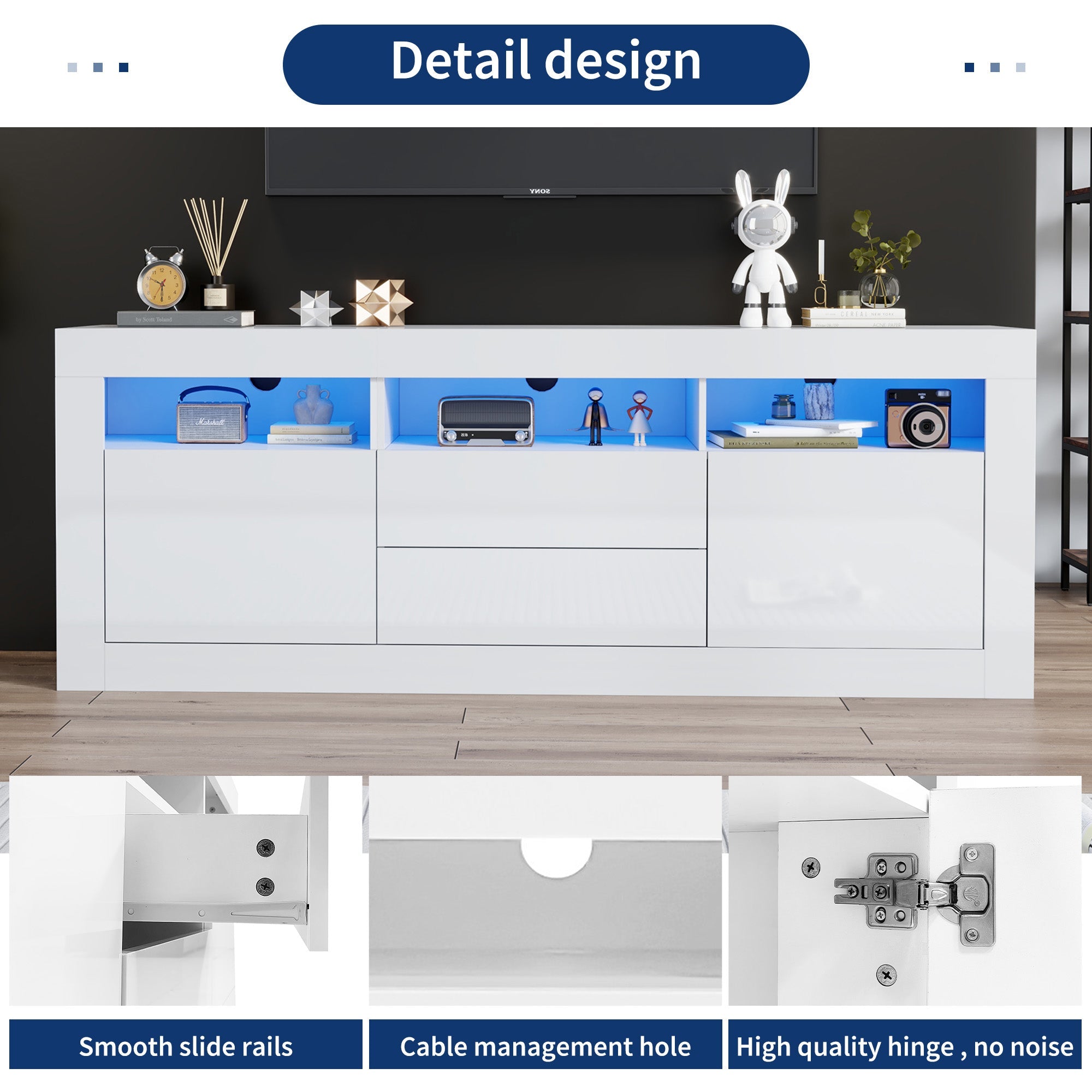 TV Cabinet, 160x35x60cm LED Lit, 3 Open, 2 Doors, 2 Drawers, Smart App Control, High Gloss