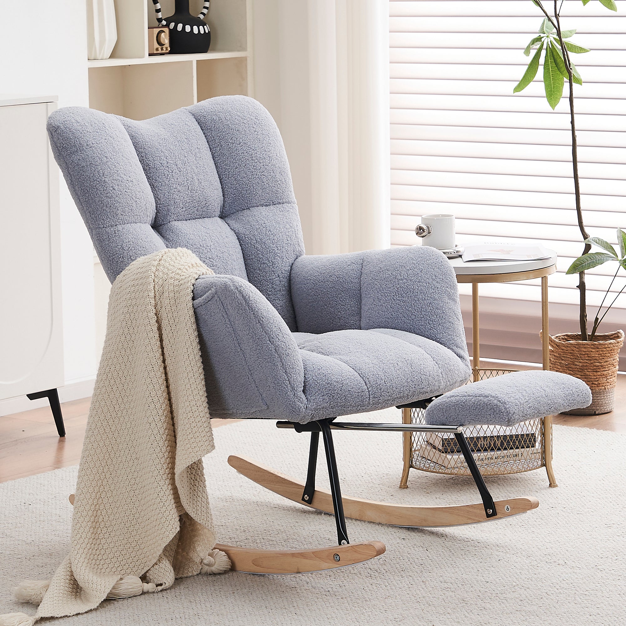 009B Rocking Chair Modern Extendable Footrest, Teddy Fabric Grey