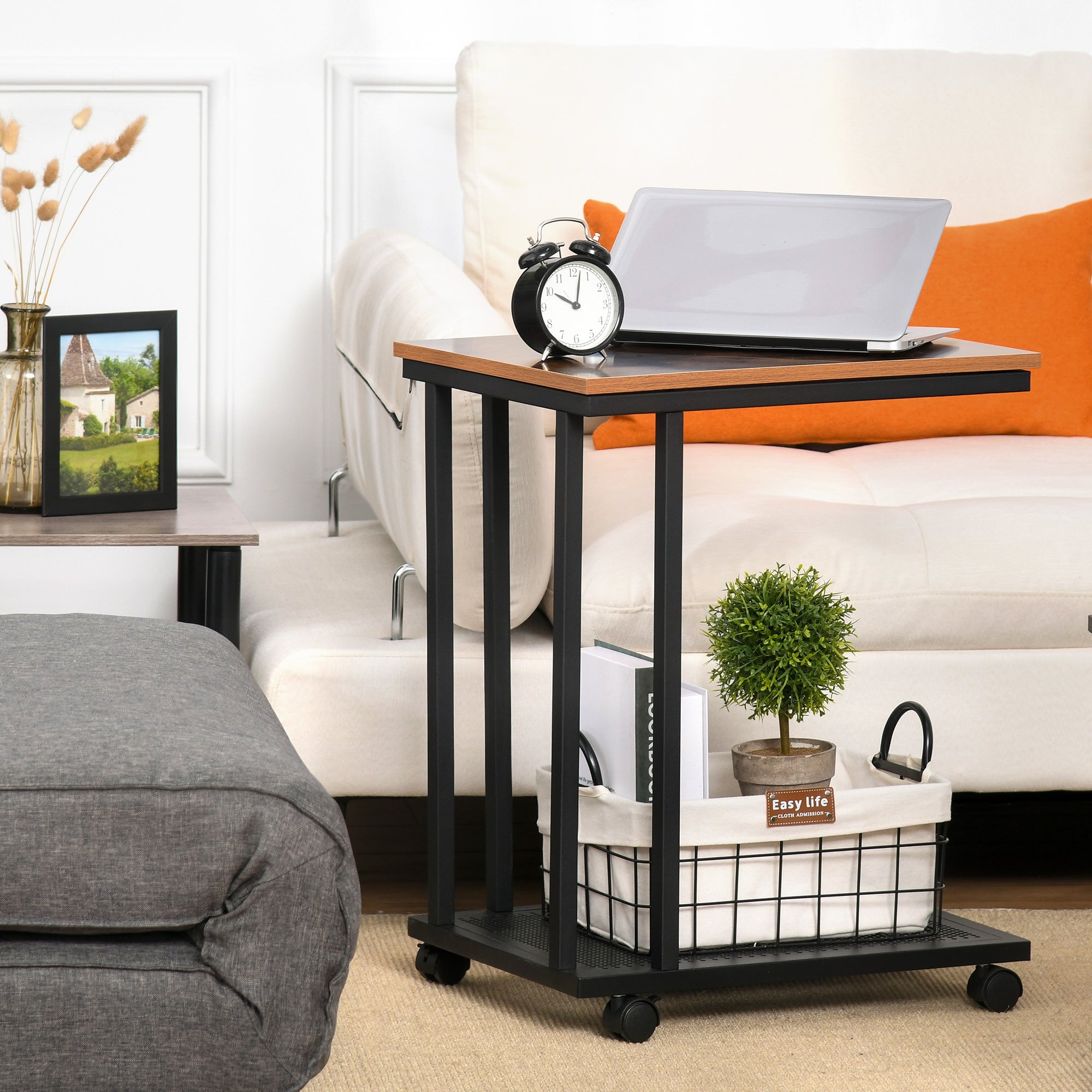 Side Table C-Shaped Rolling Serving Cart Wood Metal Black Walnut