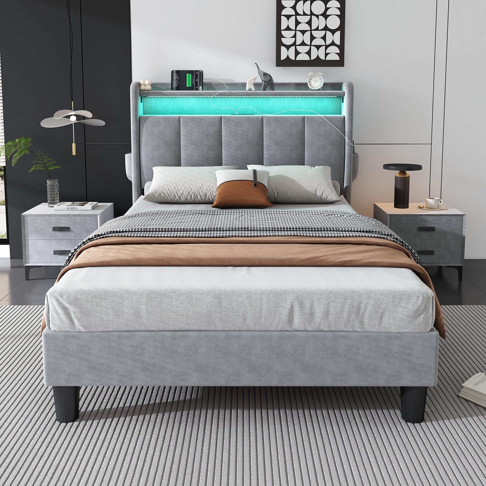 Upholstered Bed, 3FT Single with Storage, LED, USB & Type C, Velvet Grey