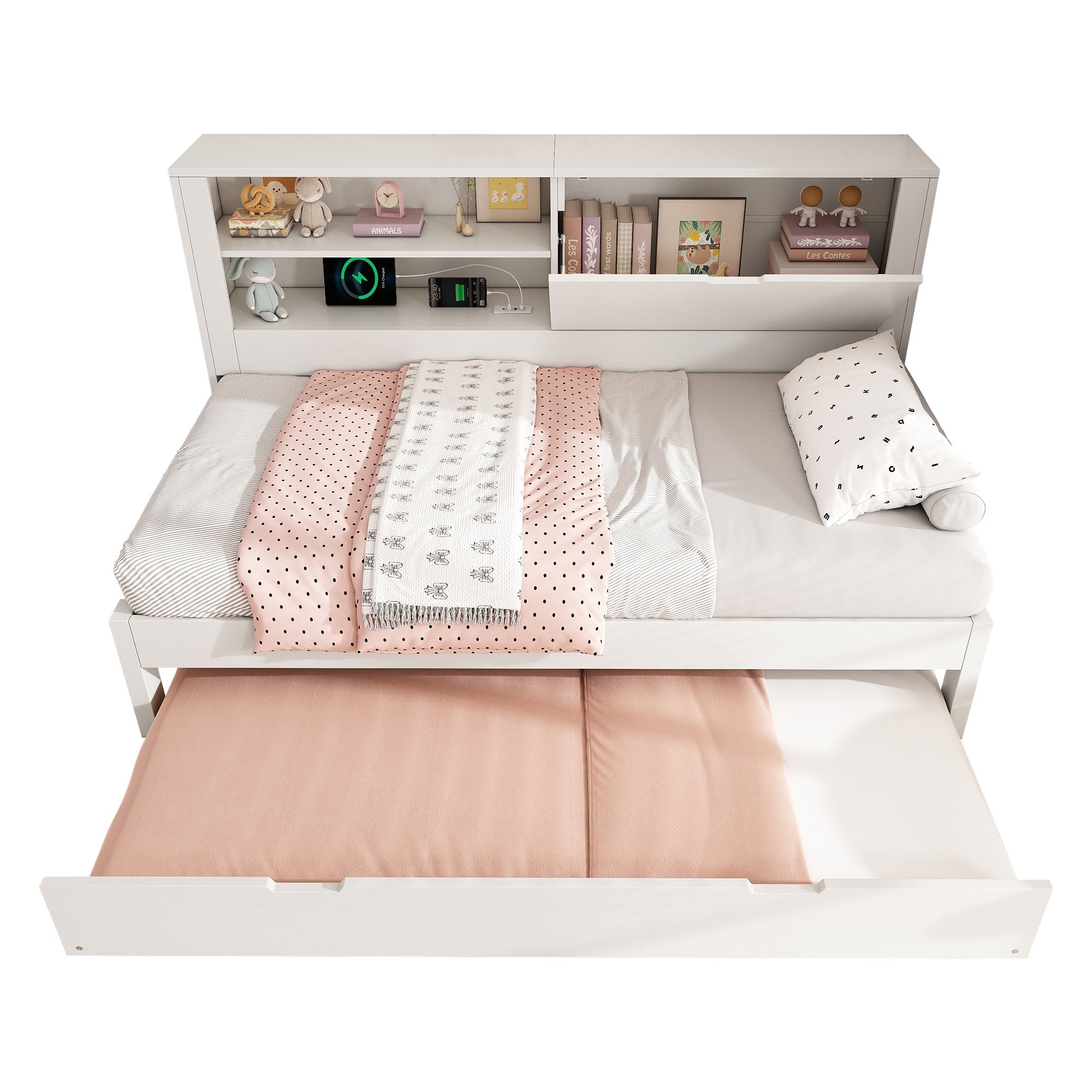 Sofa Bed with Pull-out Bed and Storage Back Panel, USB/USB-C Charging Station, White