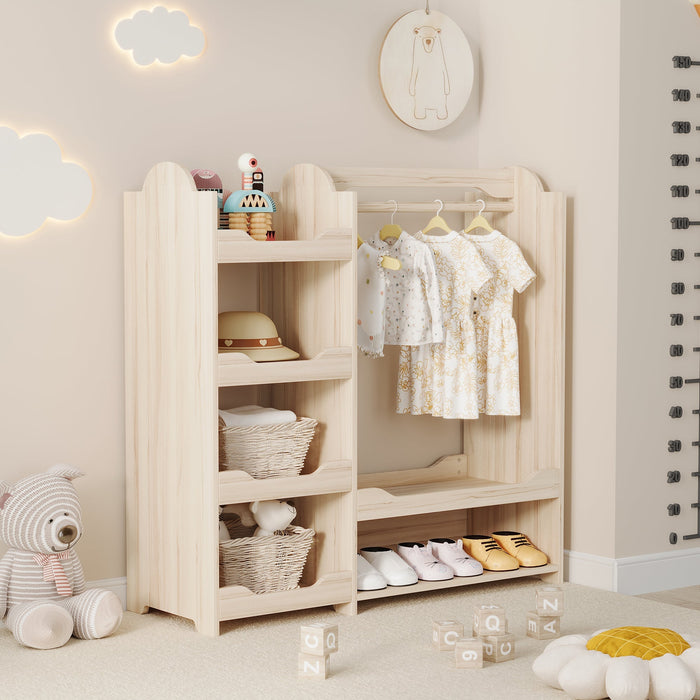 Children's Wardrobe Freestanding with Clothes Rail & 4 Shelves, Natural Wood
