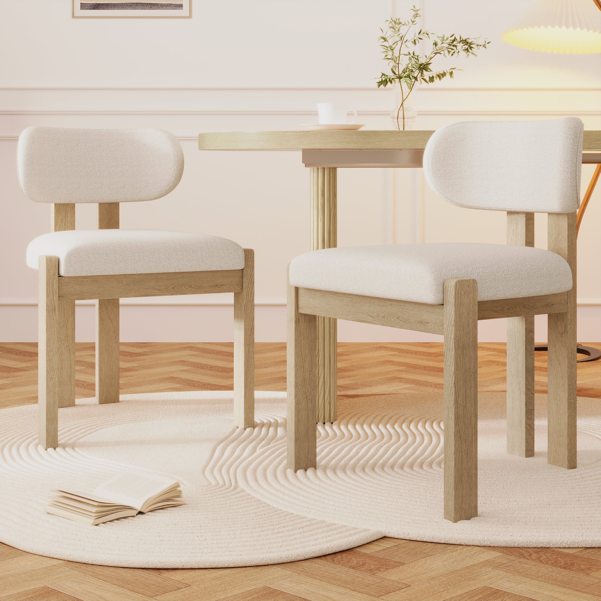 Set of 4 Solid Wood Dining Chairs, Modern Bouclé Upholstered for Living Room and Cafe, Natural Color