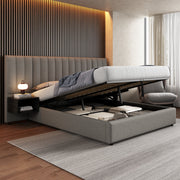 Upholstered Bed 160 x 200 cm with Hydraulic Storage and 2 Bedside Tables, Grey and Black Linen