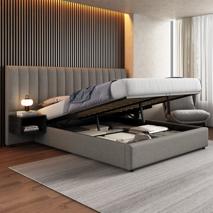 Upholstered Bed 160 x 200 cm with Hydraulic Storage and 2 Bedside Tables, Grey and Black Linen