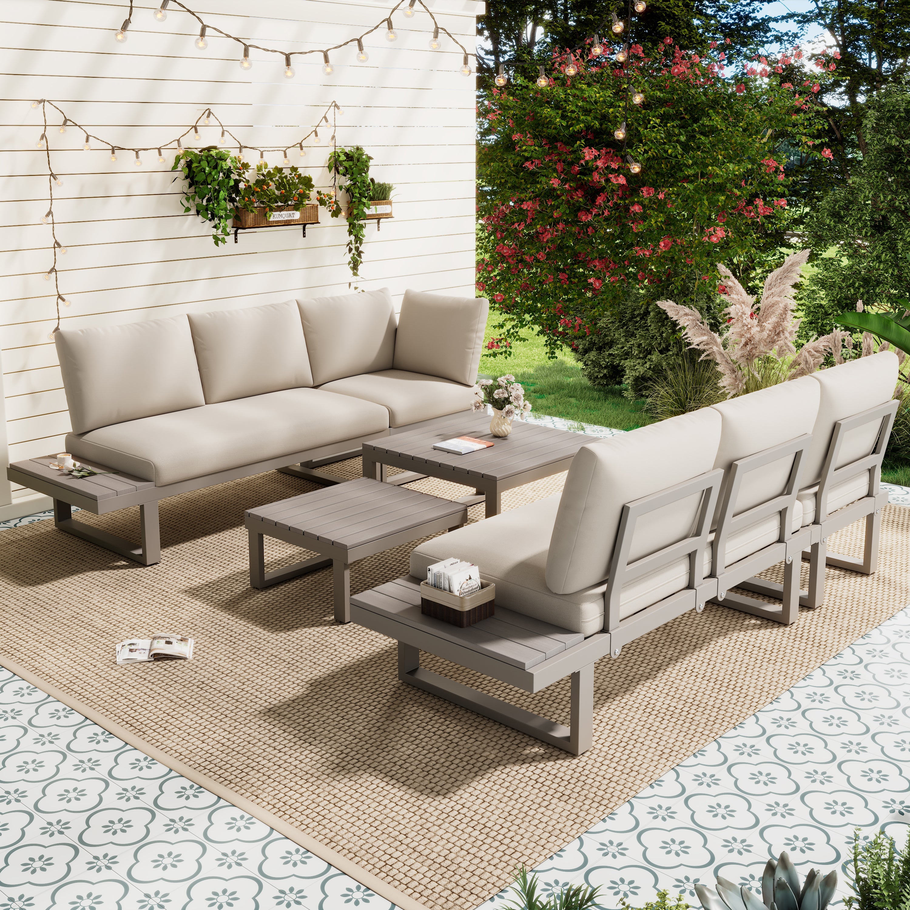 Garden Furniture Set with Adjustable Tilt and Two Coffee Tables, Beige and Khaki