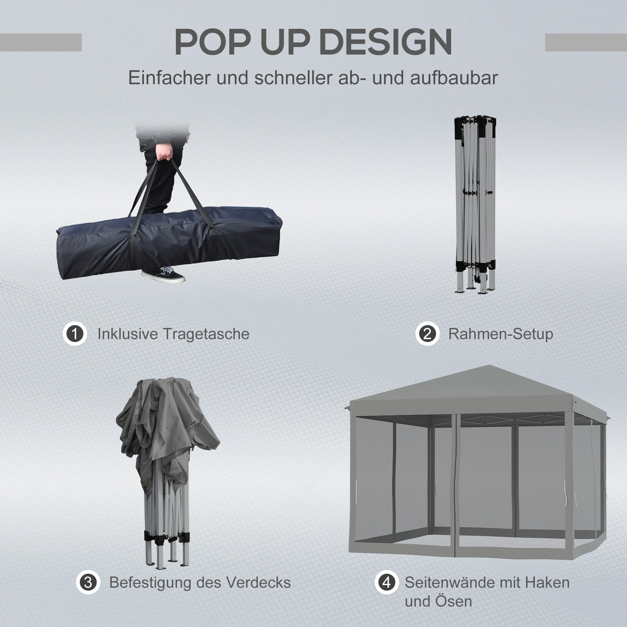 Folding Pavilion/Tent 3x3m Side Walls Carrying Bag Metal Oxford Light Grey/Black