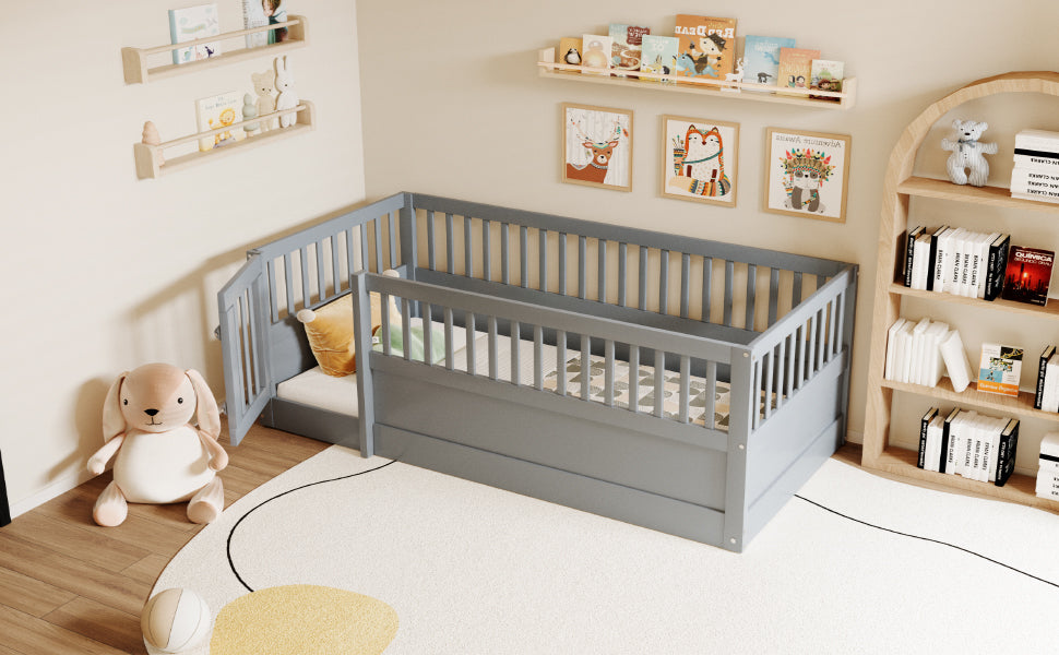 Children's Bed 90x200cm with Railing and Door, Wood, Grey