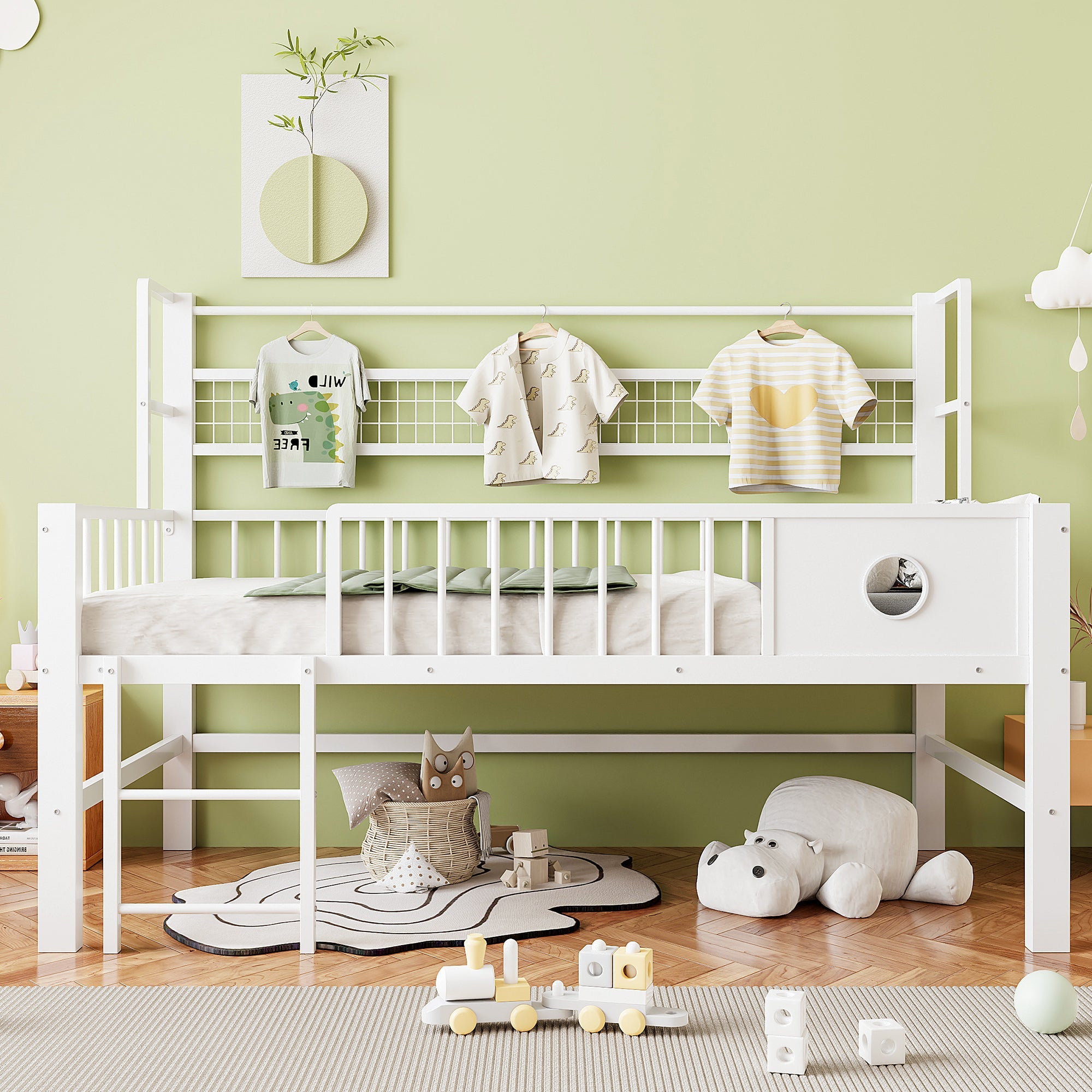 Children's Low Loft Bed with Storage Compartments, 90x200cm, White Metal