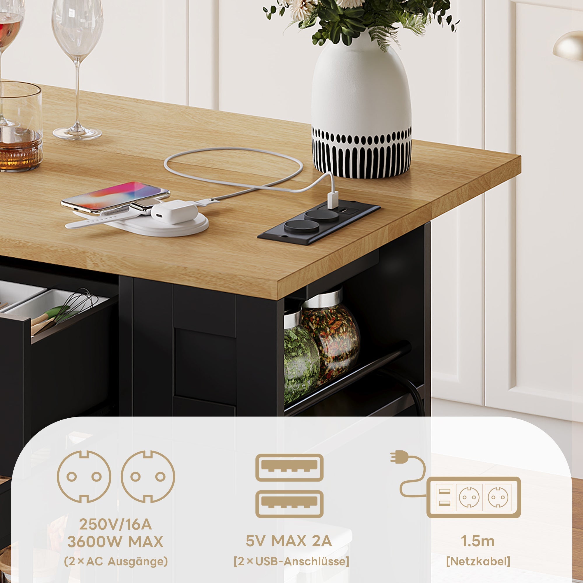 Portable Kitchen Island with Folding Dining Table, AC and USB Ports and Glass Door, Wood Effect