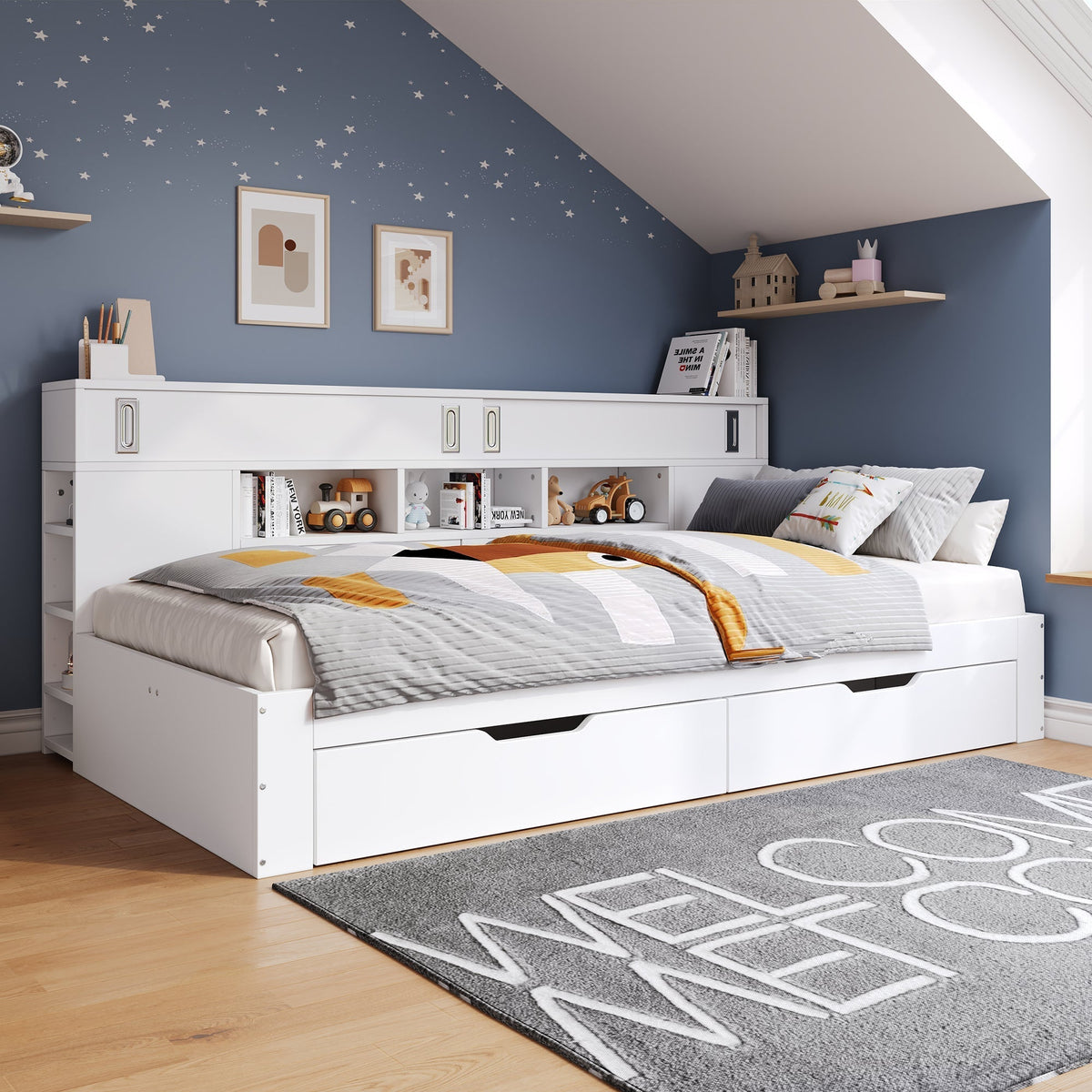Lit de jour enfant 140x190cm Multifonctionnel Tiroirs Rangement Blanc