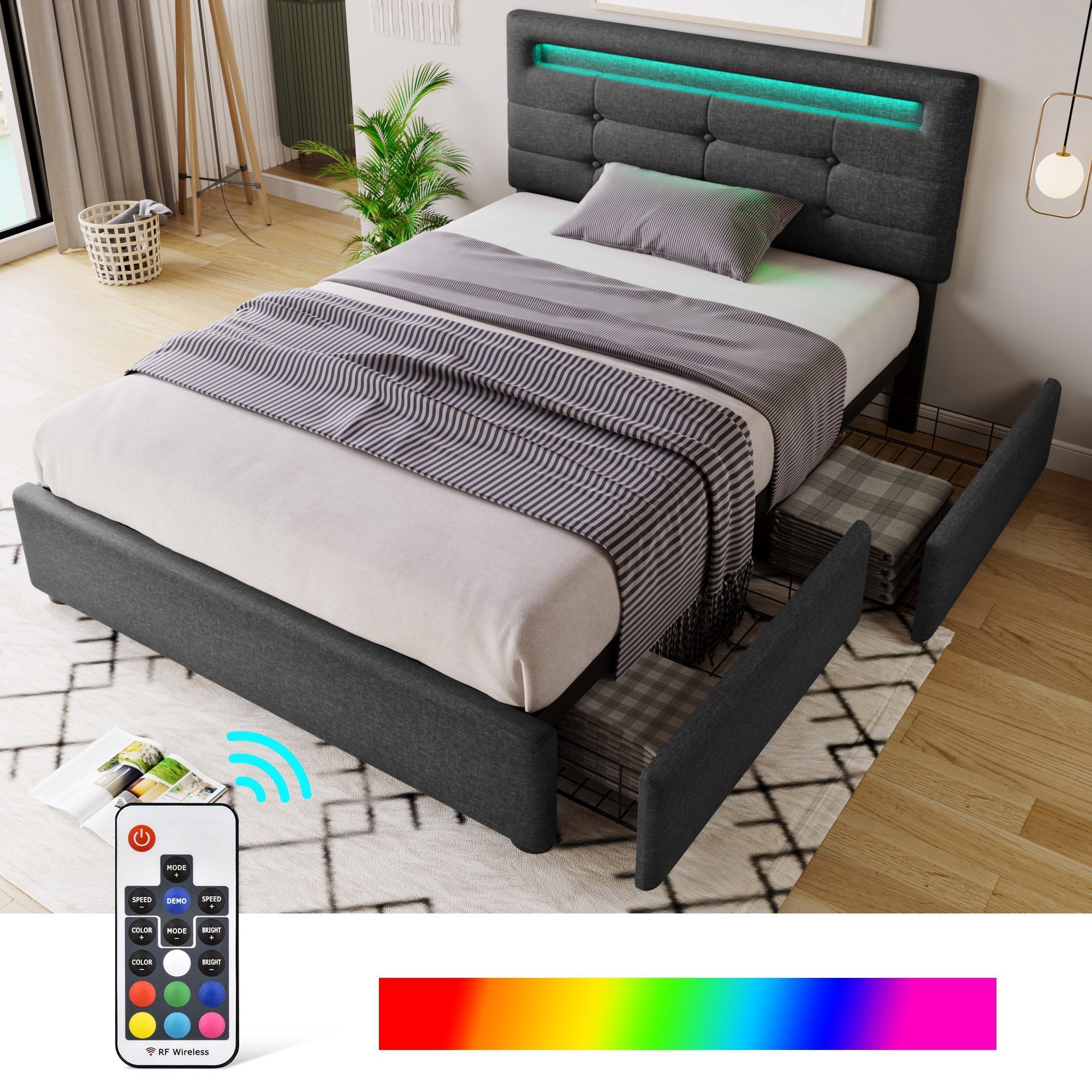 Bed Frame with LED, 2-Drawer, Adjustable Headboard, Wooden Slats, Grey