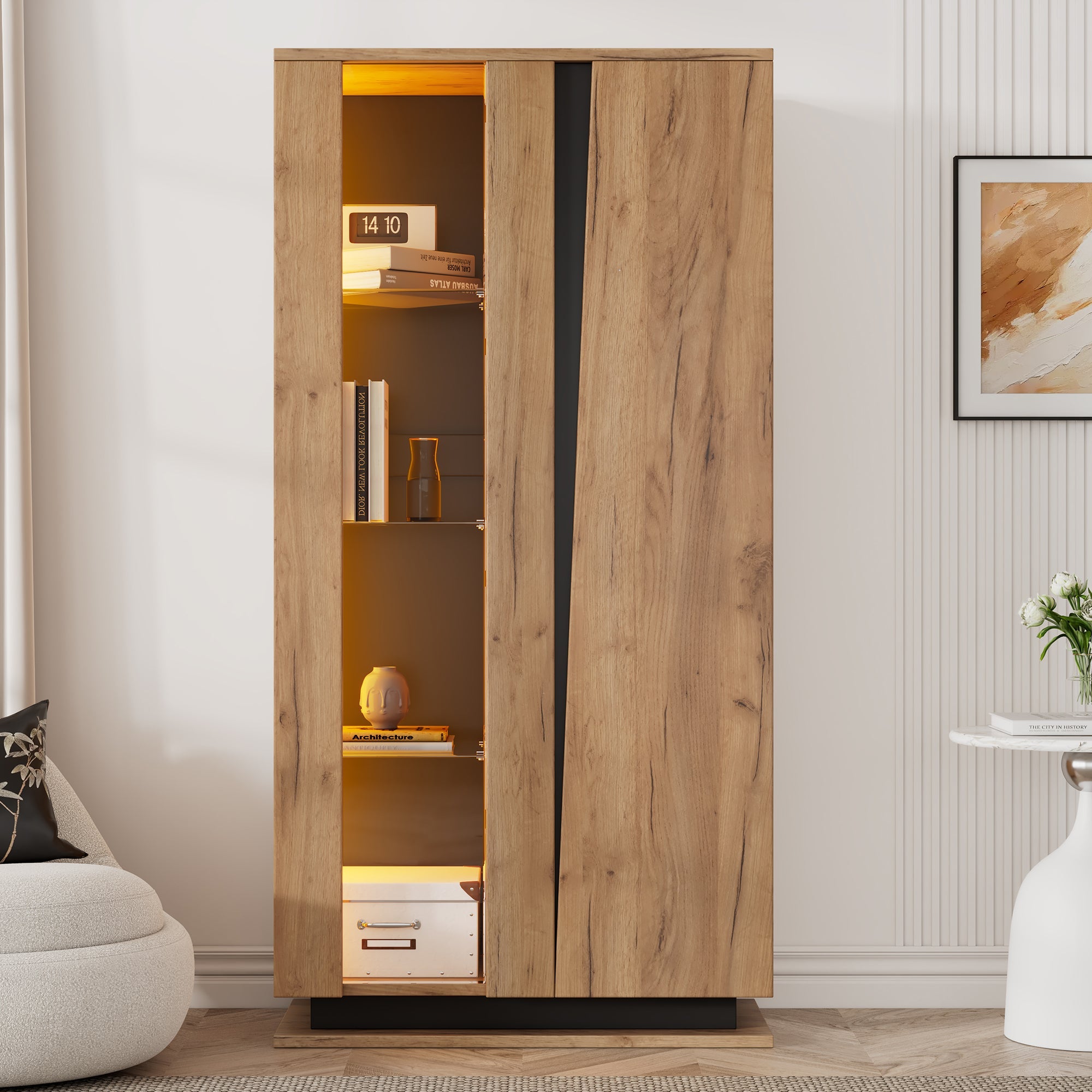 Display Cabinet 80x35x160cm 8 Shelves Glass Dividers Narrow Freestanding Acrylic Wood Color