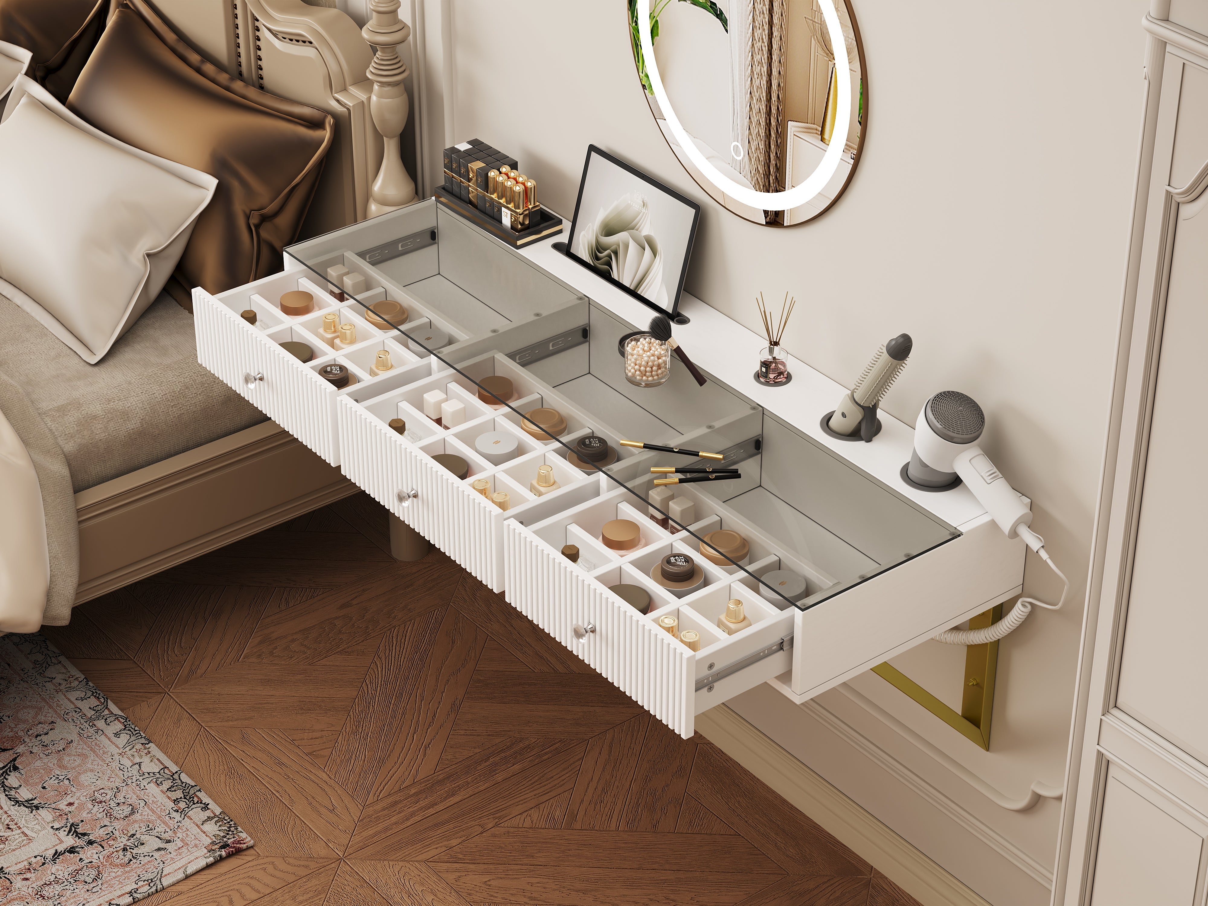 Wall-Mounted Vanity Table with 3 Drawers, Glass Top, Tablet and Cup Holder, White