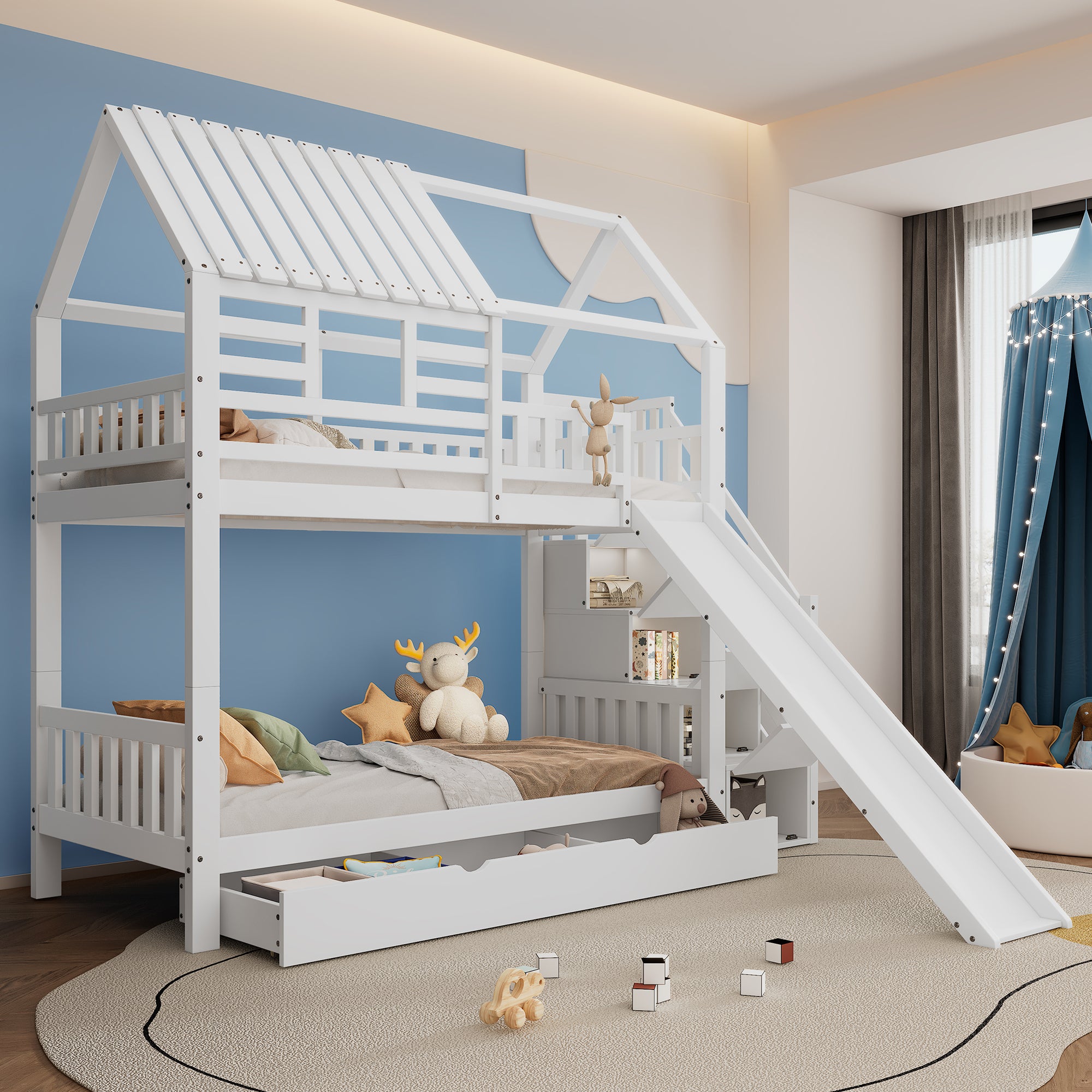 Bunk Bed, House Bed with Stairs, Slide, Storage, Safety Gate & Drawer, Pine/MDF, White