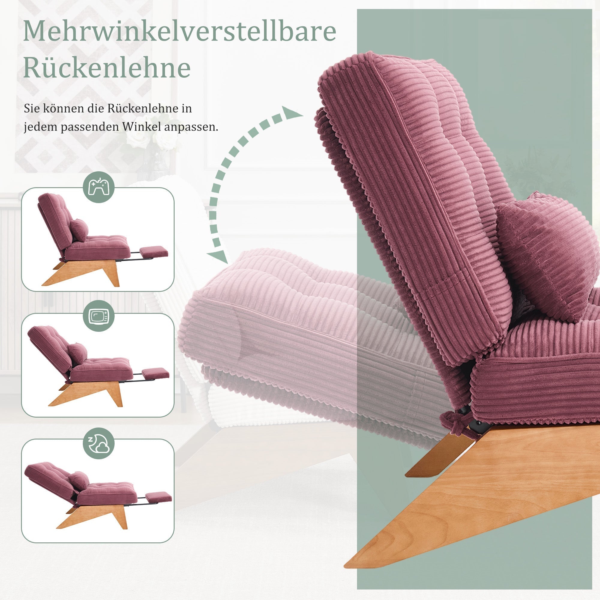 Modern Adjustable Backless Lounge Chair with Footrest, Lumbar Cushion, Wooden Legs - Fabric