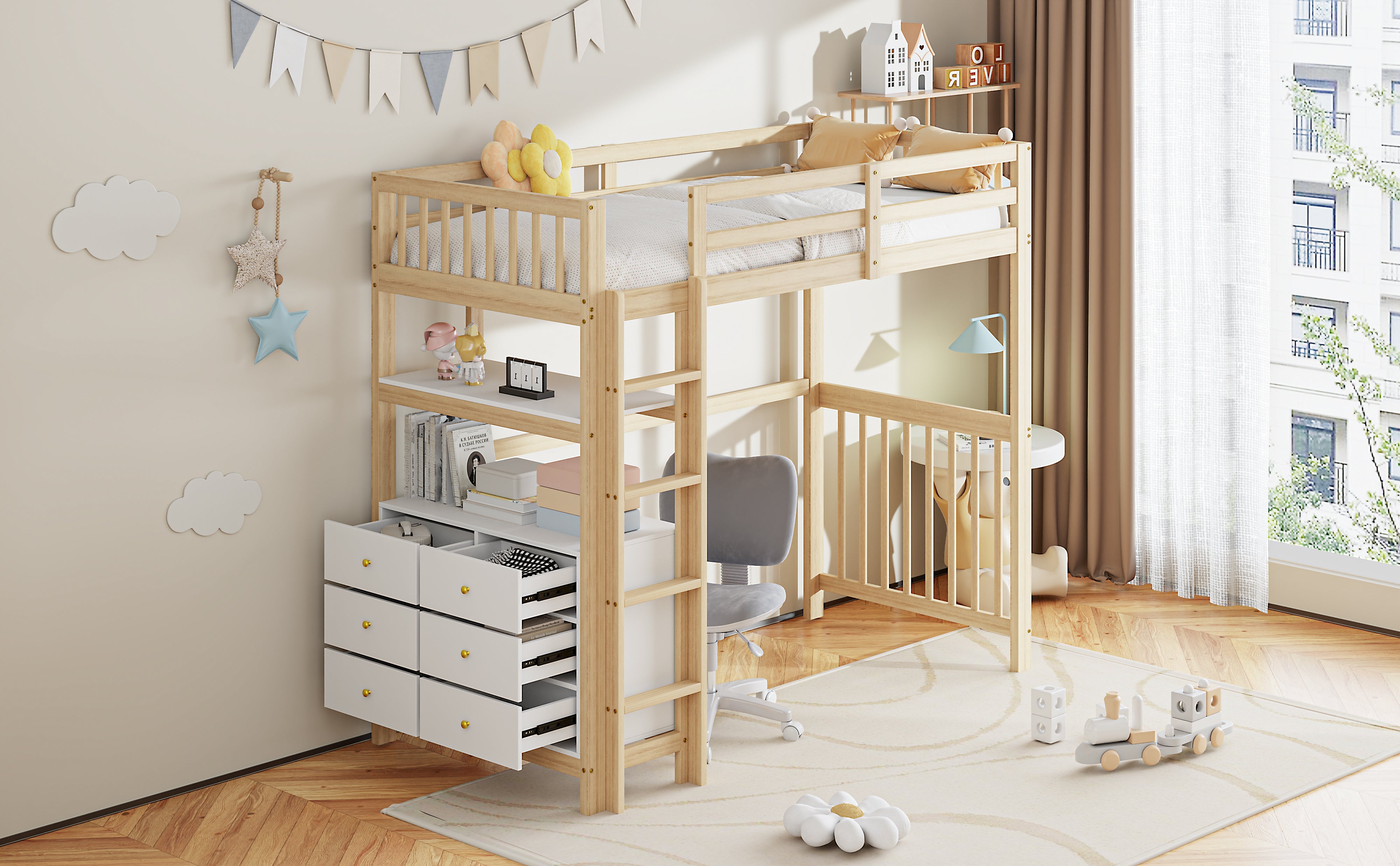 Loft Bed 90*200cm with Ladder, Drawers, Shelves, Pinewood, White & Wood