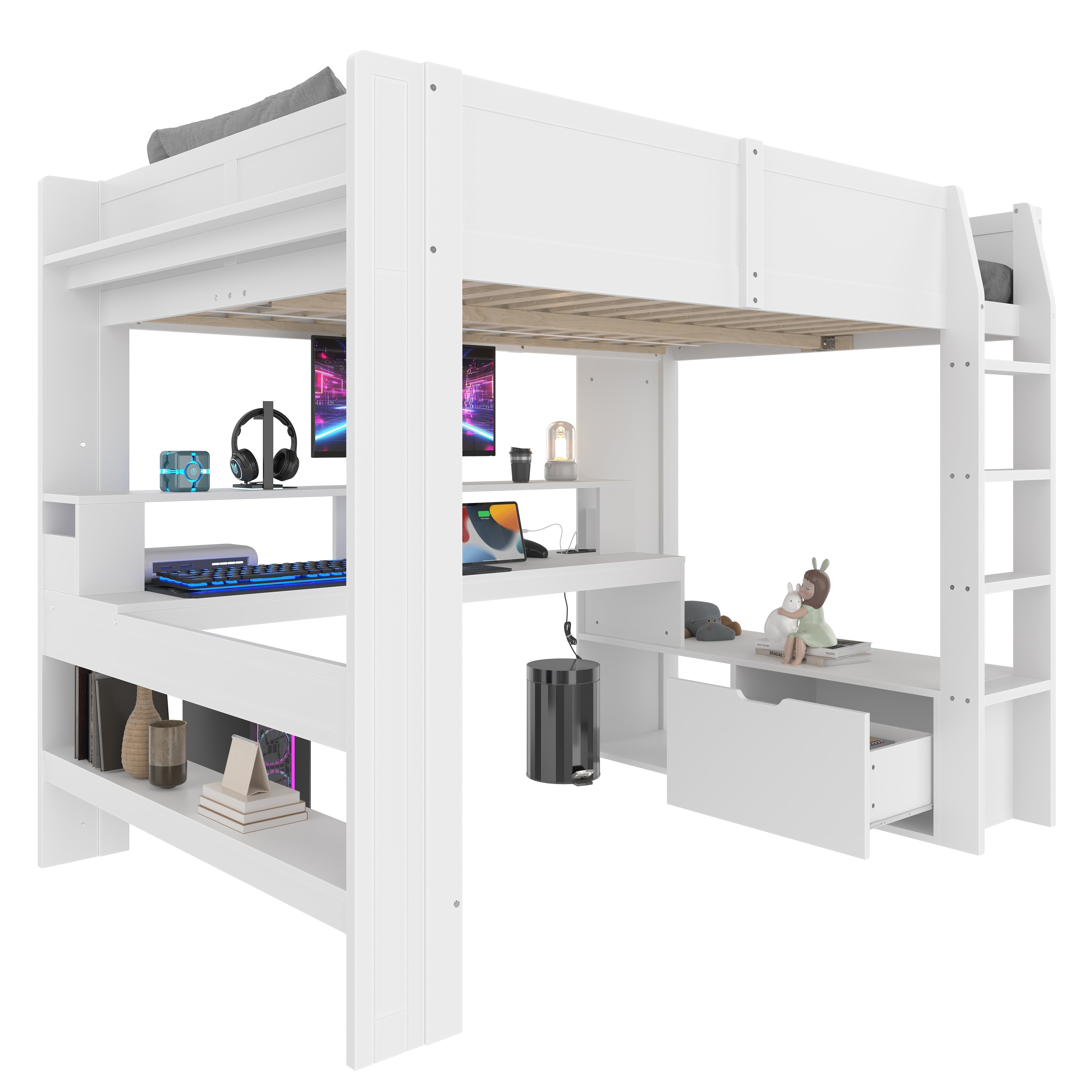 Loft Bed 140x200cm Gaming Desk LED Drawer Shelves - White