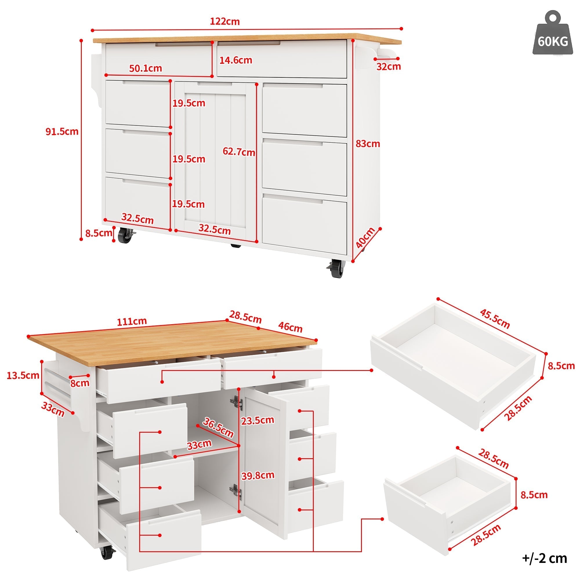 Extendable Kitchen Island Trolley 8 Drawers Worktop Wheels - White