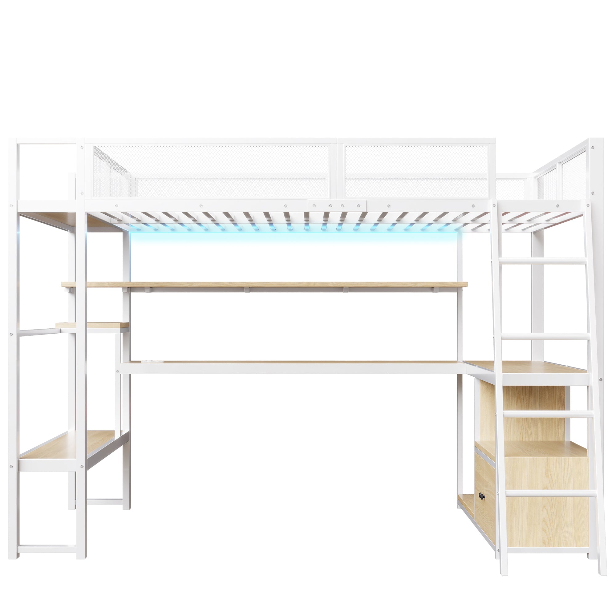 Metal Gaming Loft Bed with Integrated Workspace and LED Lighting, White