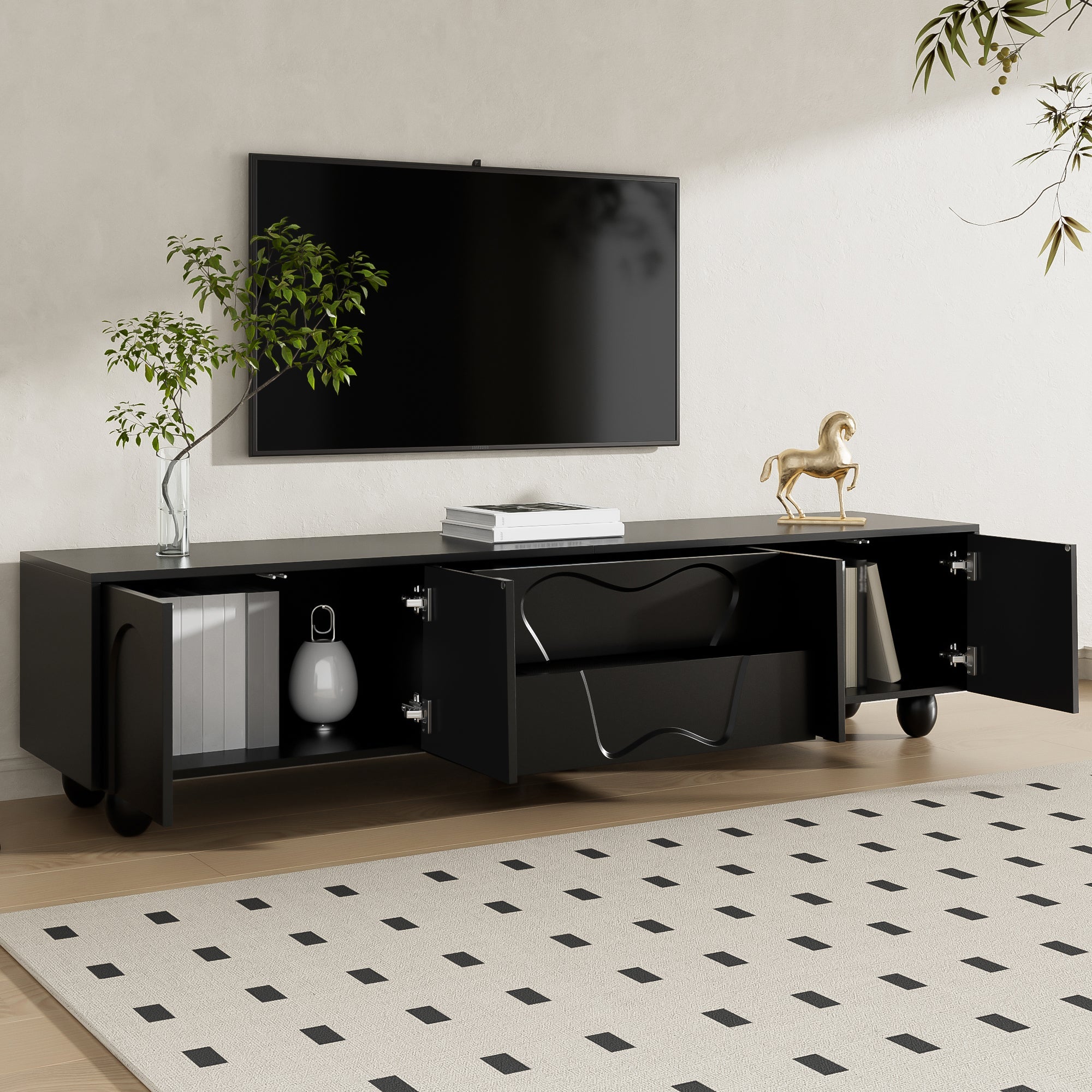 TV Cabinet, 180cm Minimalist Elegant Storage, Black Wooden