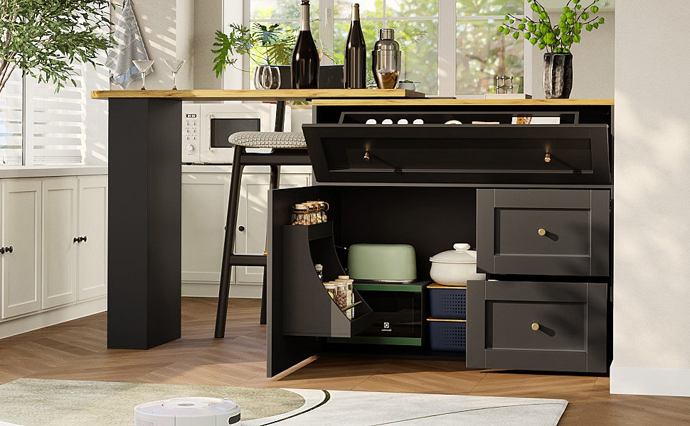 Extendable Bar Table with Storage and Snack Shelf, Black
