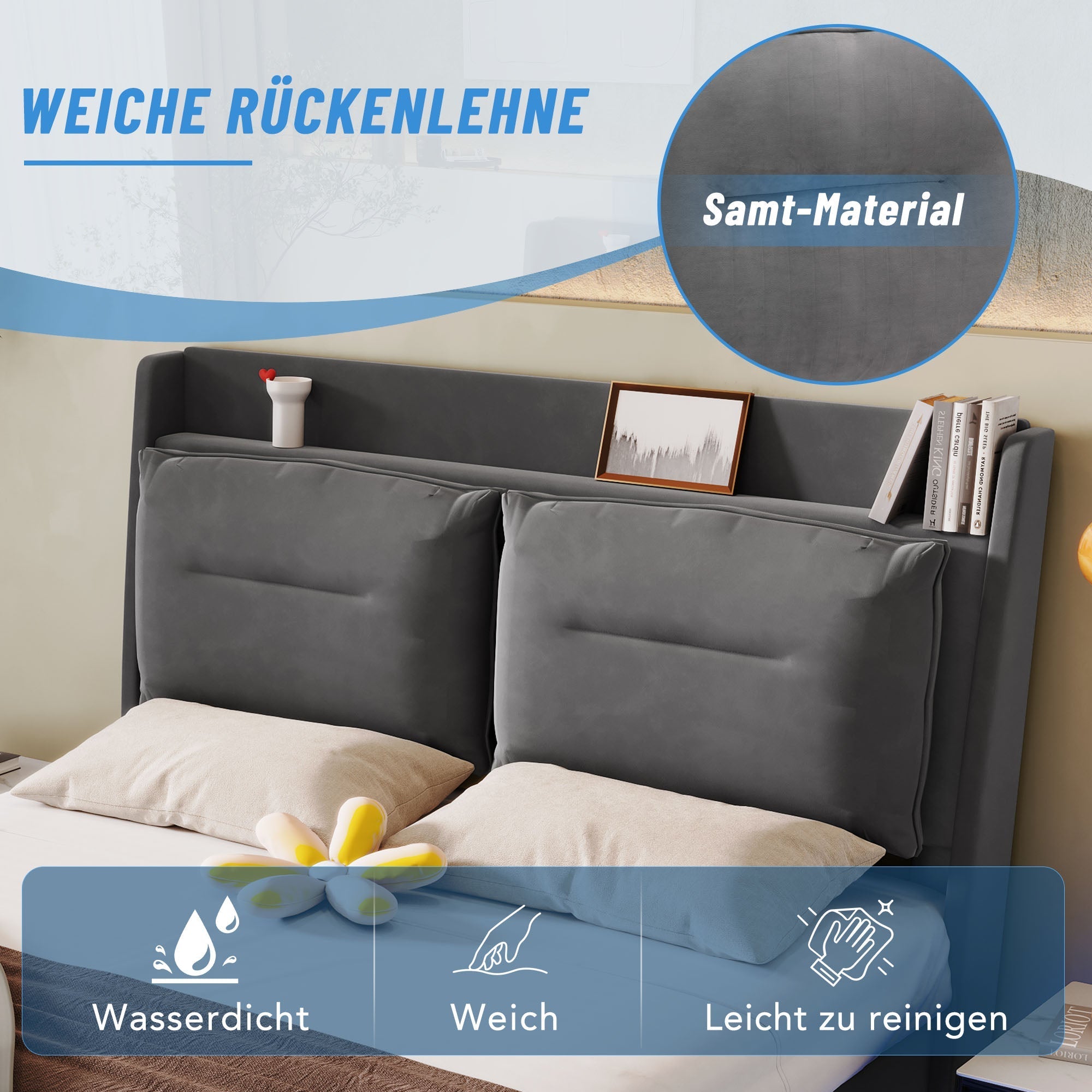 Upholstered Bed 180x200cm Hydraulic Storage LED Light Drawers - Velvet Dark Grey
