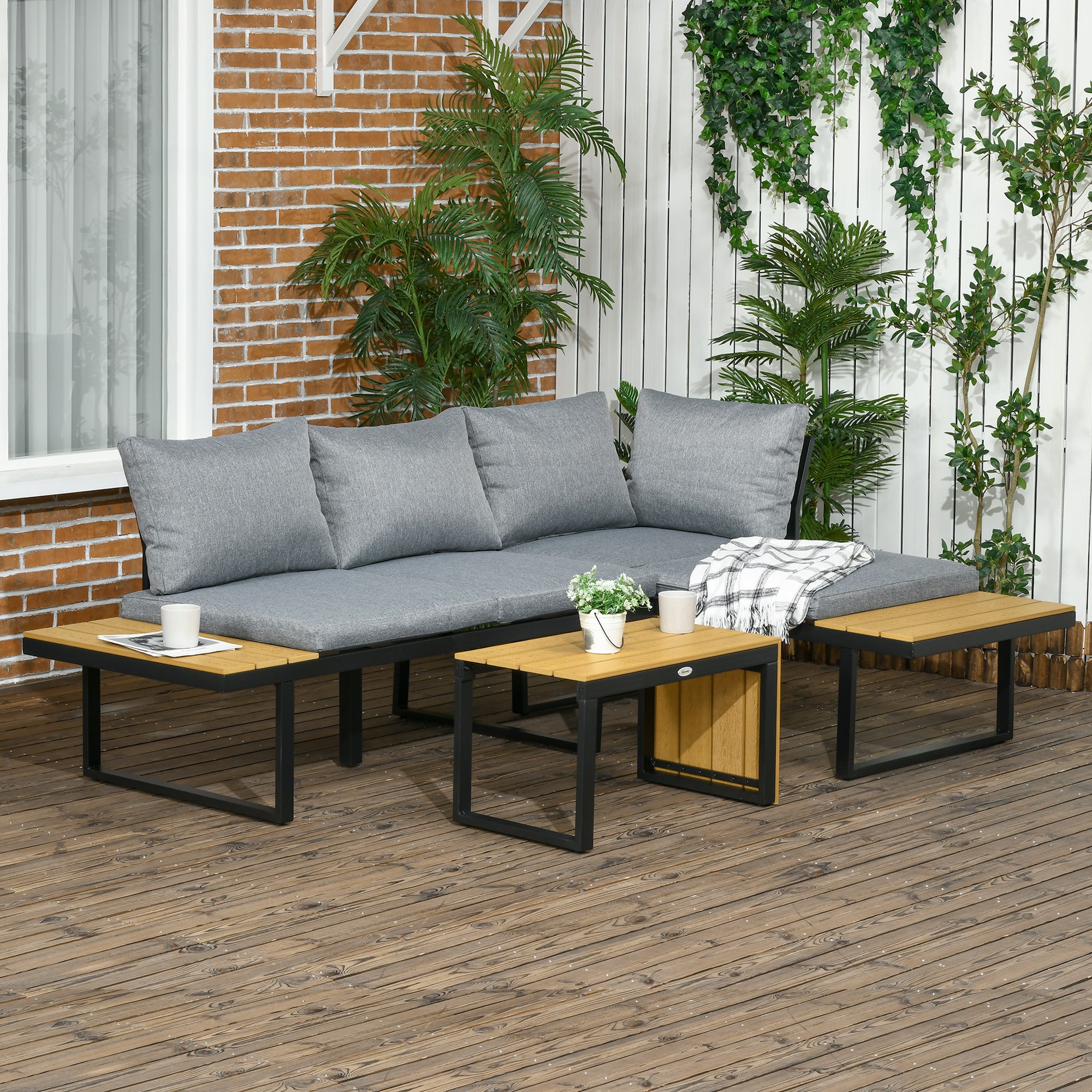 3 Pieces Patio Furniture Set Outdoor Sofa Conversation with Padded Cushions and Wood Grain Table, Dark Grey