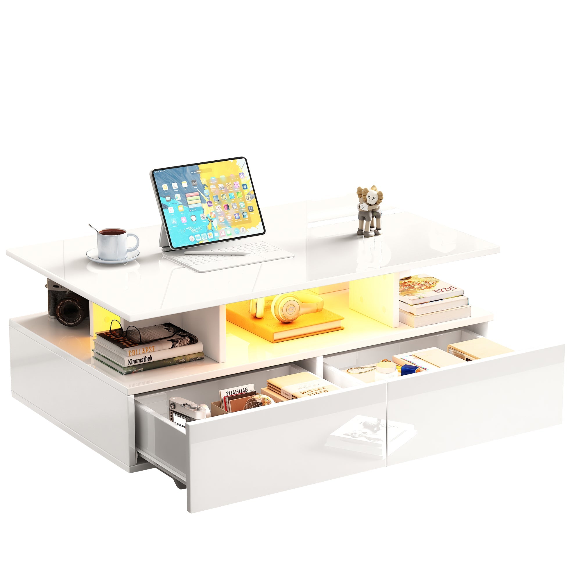 Modern high-gloss coffee table with LED lighting and 2 drawers 90x55x41 cm, 30 kg load capacity