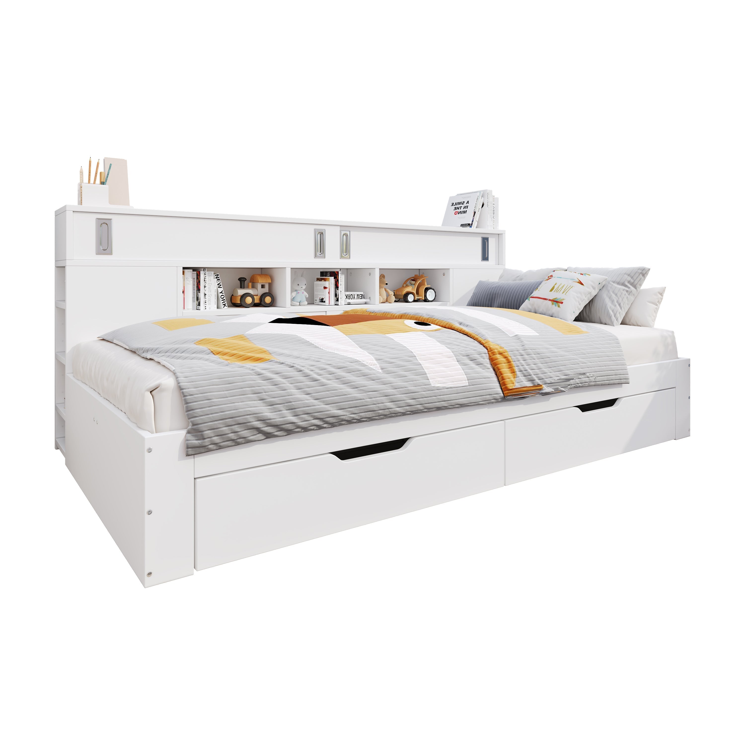 Daybed with Storage Drawers and Shelves, 140x200 cm, White