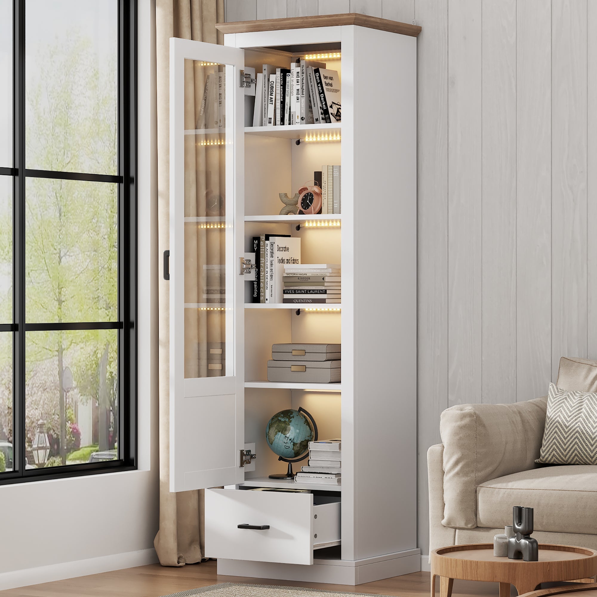 Modern LED Display Cabinet 178cm, USB/Remote, Freestanding, 5 Compartments, Matte White
