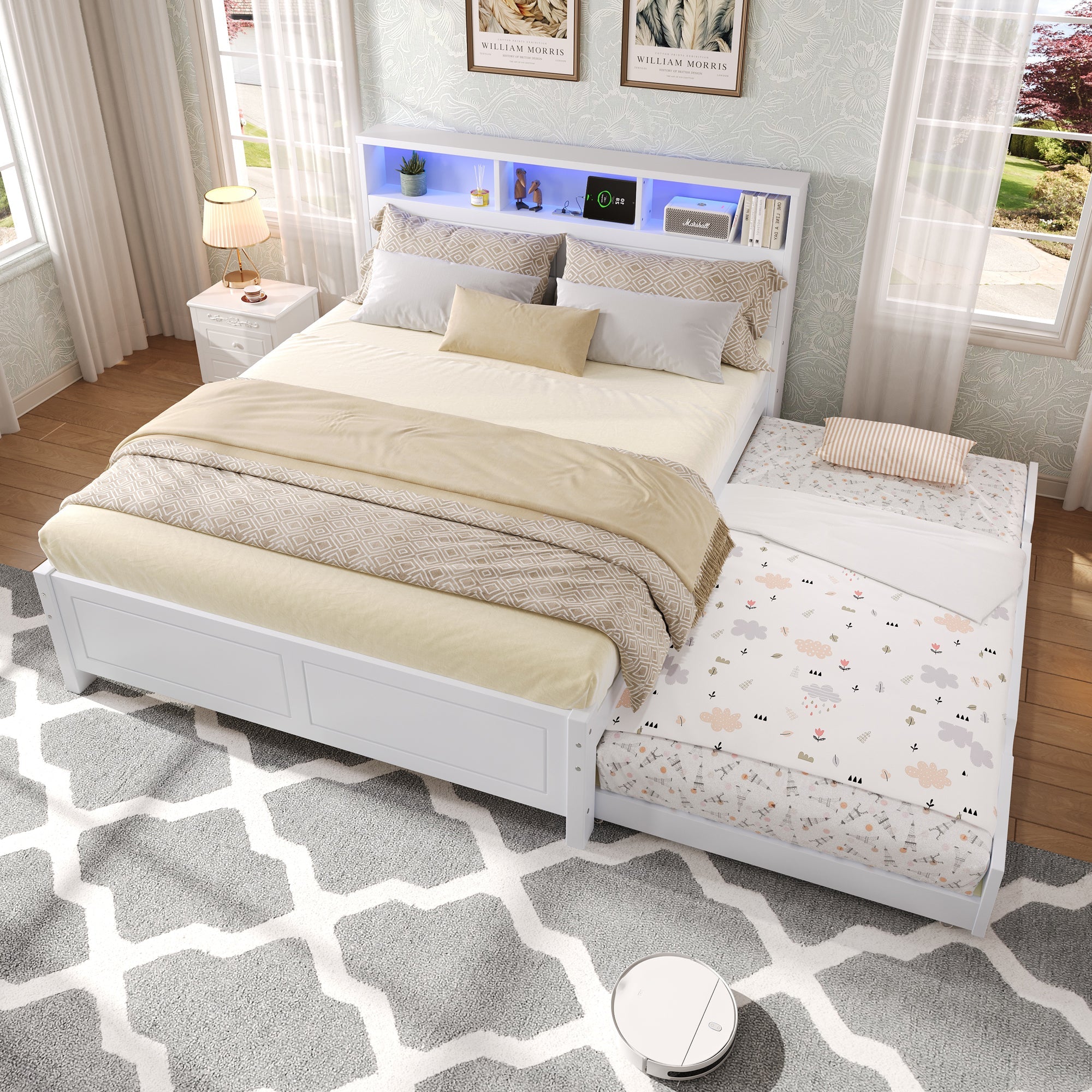 Double Bed with Pull-out LED/USB Storage, Pine+MDF White